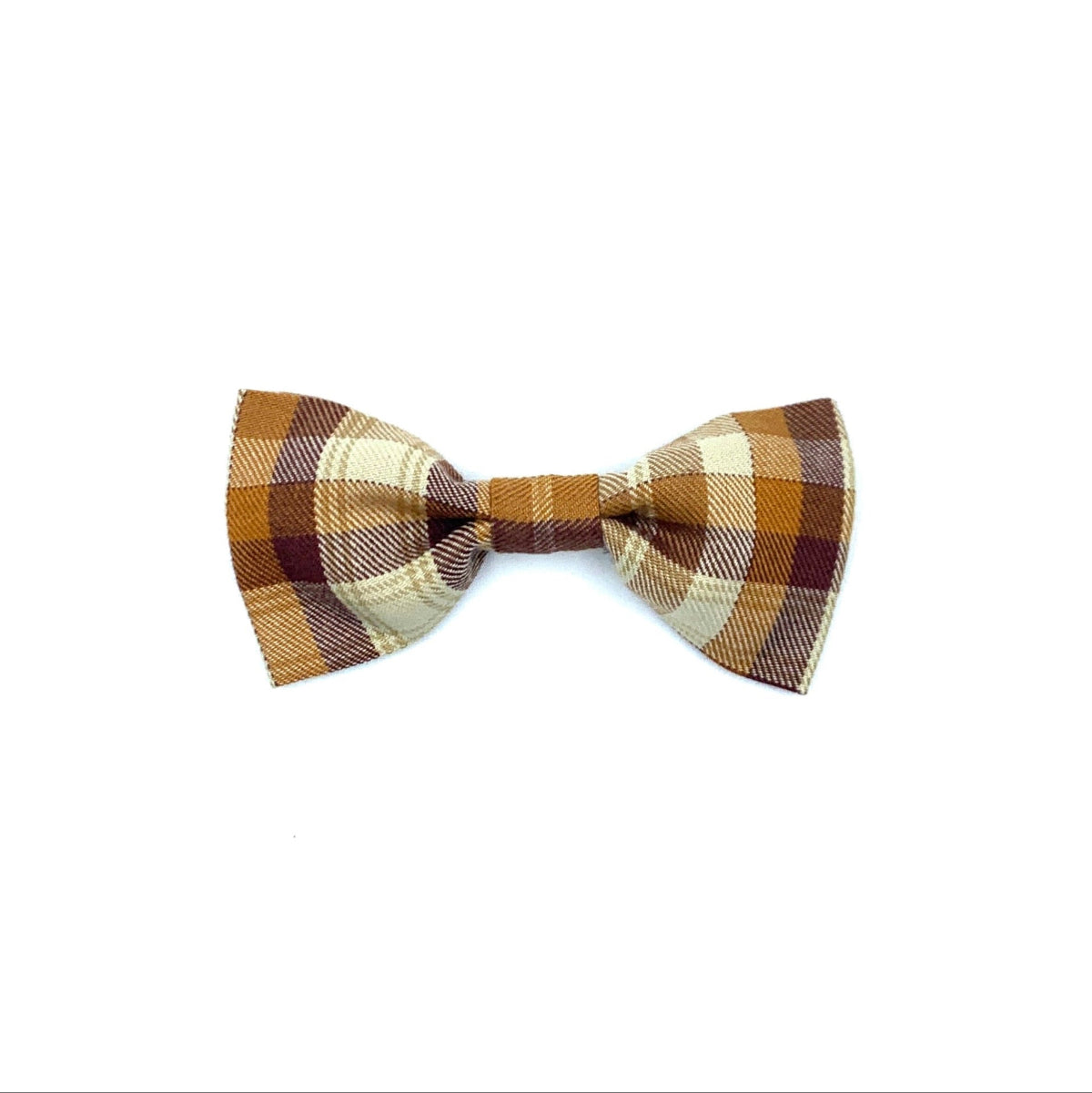 Plaid bow tie with brown, beige, and red pattern on a white background