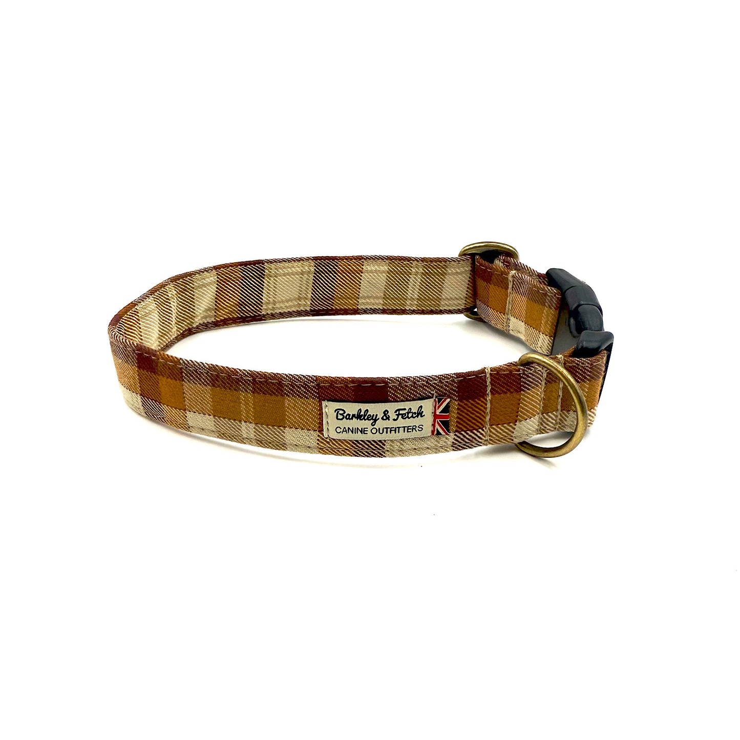Plaid dog collar with visible brand logo on a white background