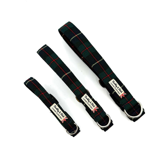 Three green tartan dog collars with visible branding on a white background handmade by barkley and fetch uk