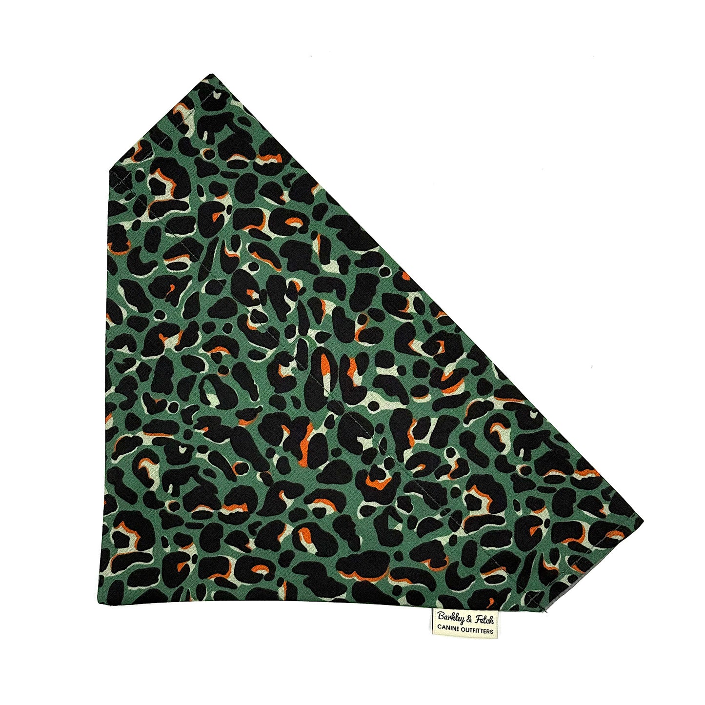 Leopard print bandana on a green background with 'Barkley and fetch' branding.