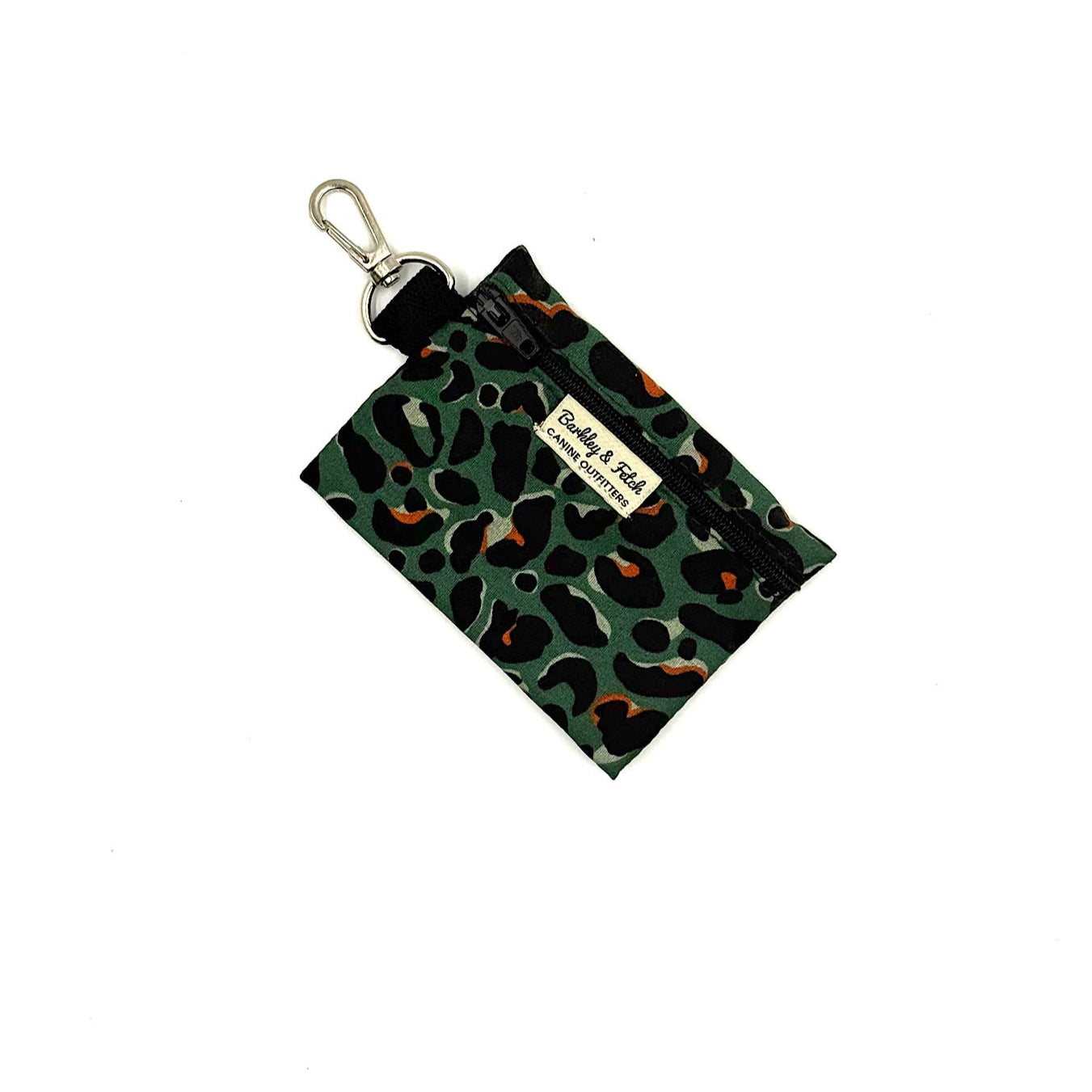 Green leopard print pouch with a keychain on a white background