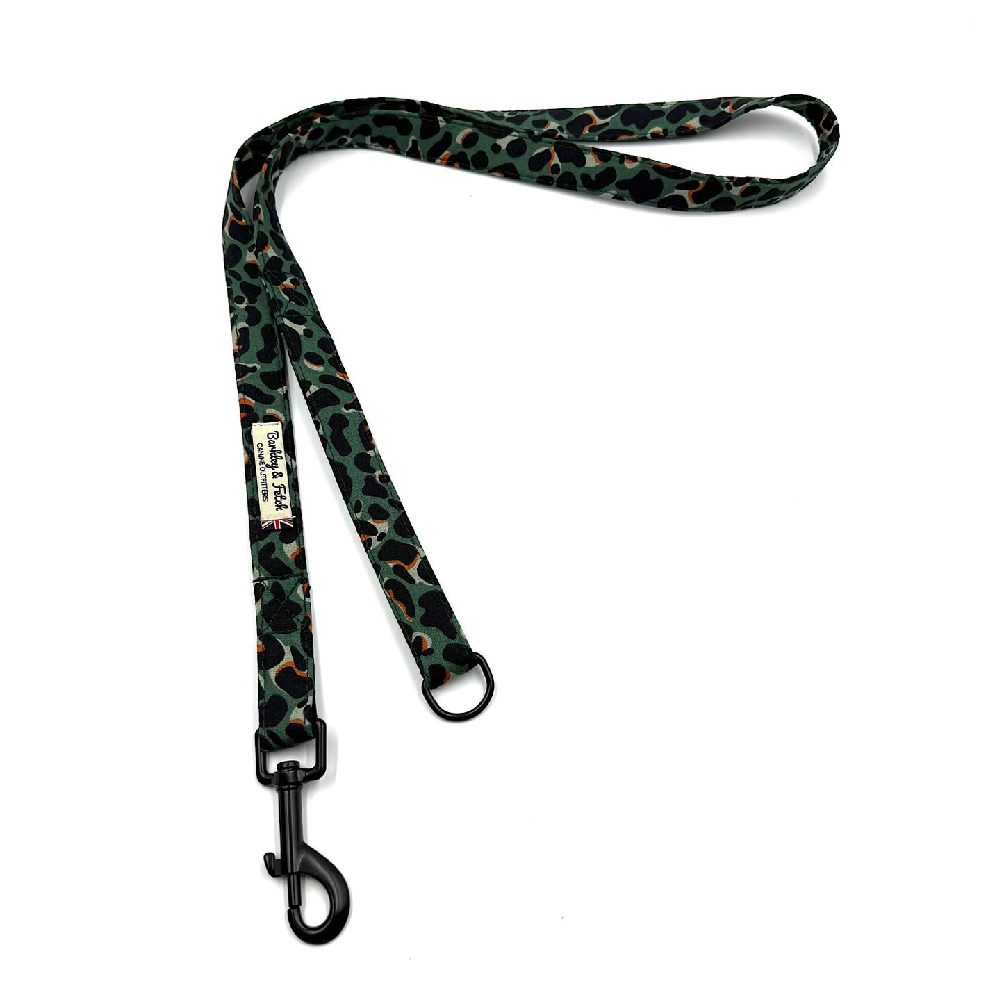 Leopard print dog leash with black clip on a white background