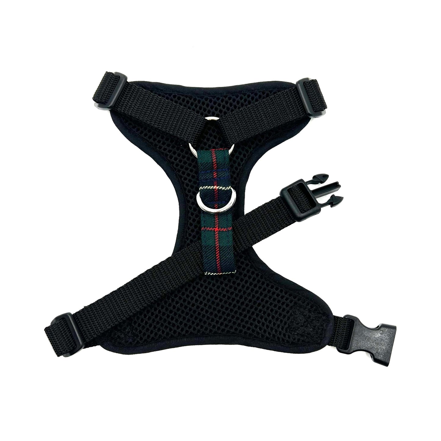 Black dog harness with plaid strap on a white background