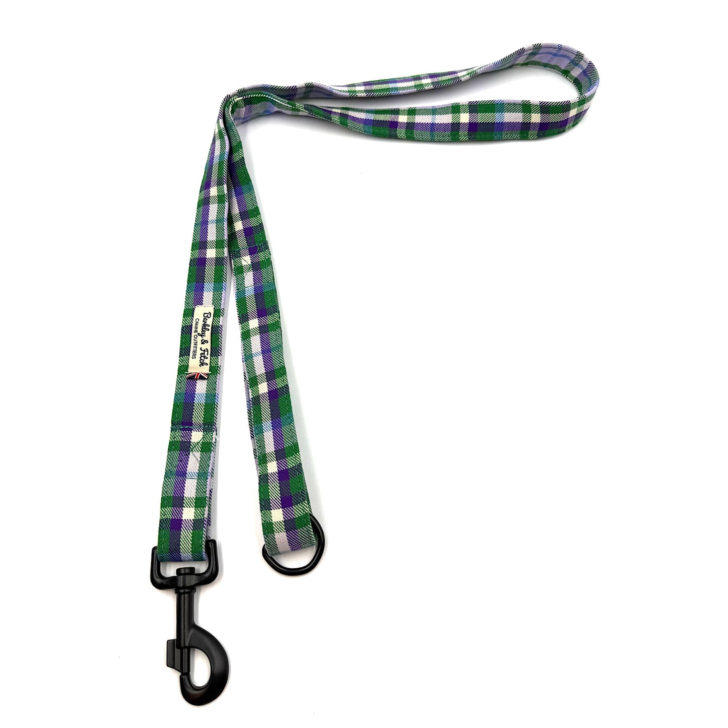 Green and purple plaid dog leash on a white background