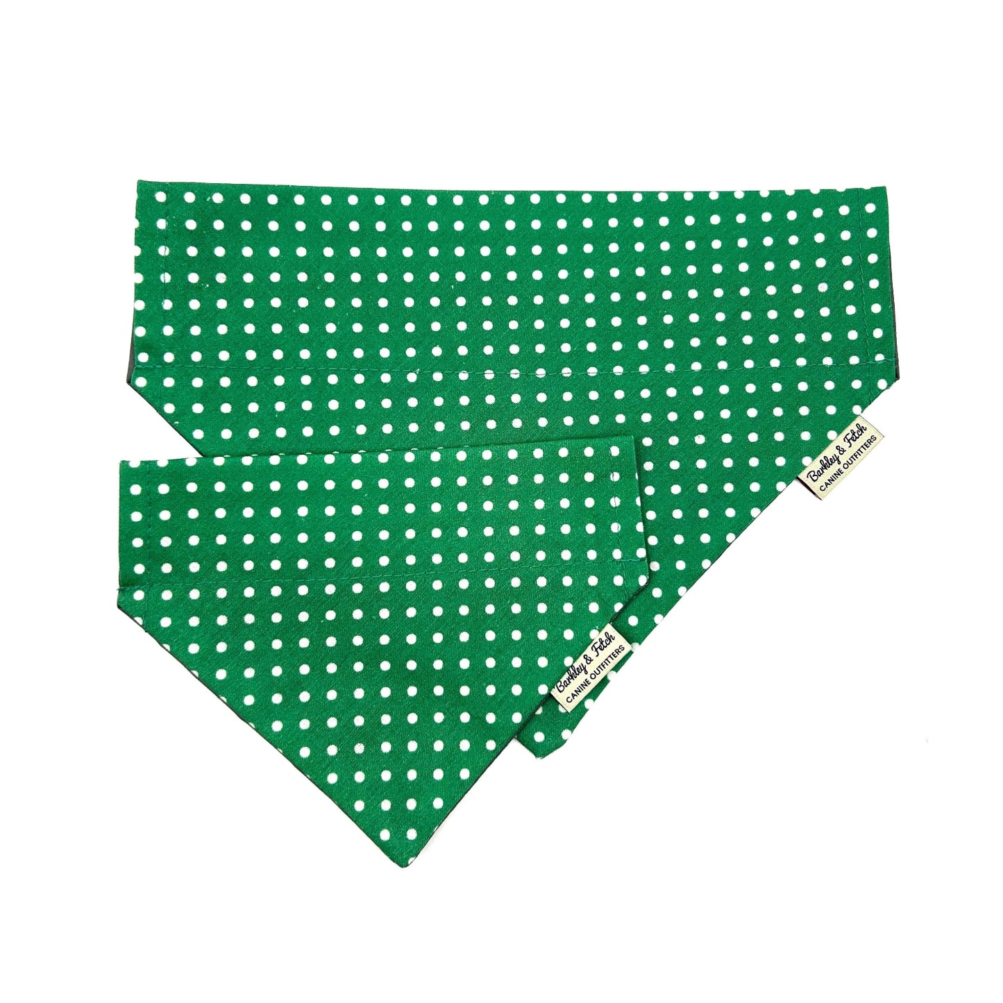 Green polka dot bandana with a brand tag on a white background