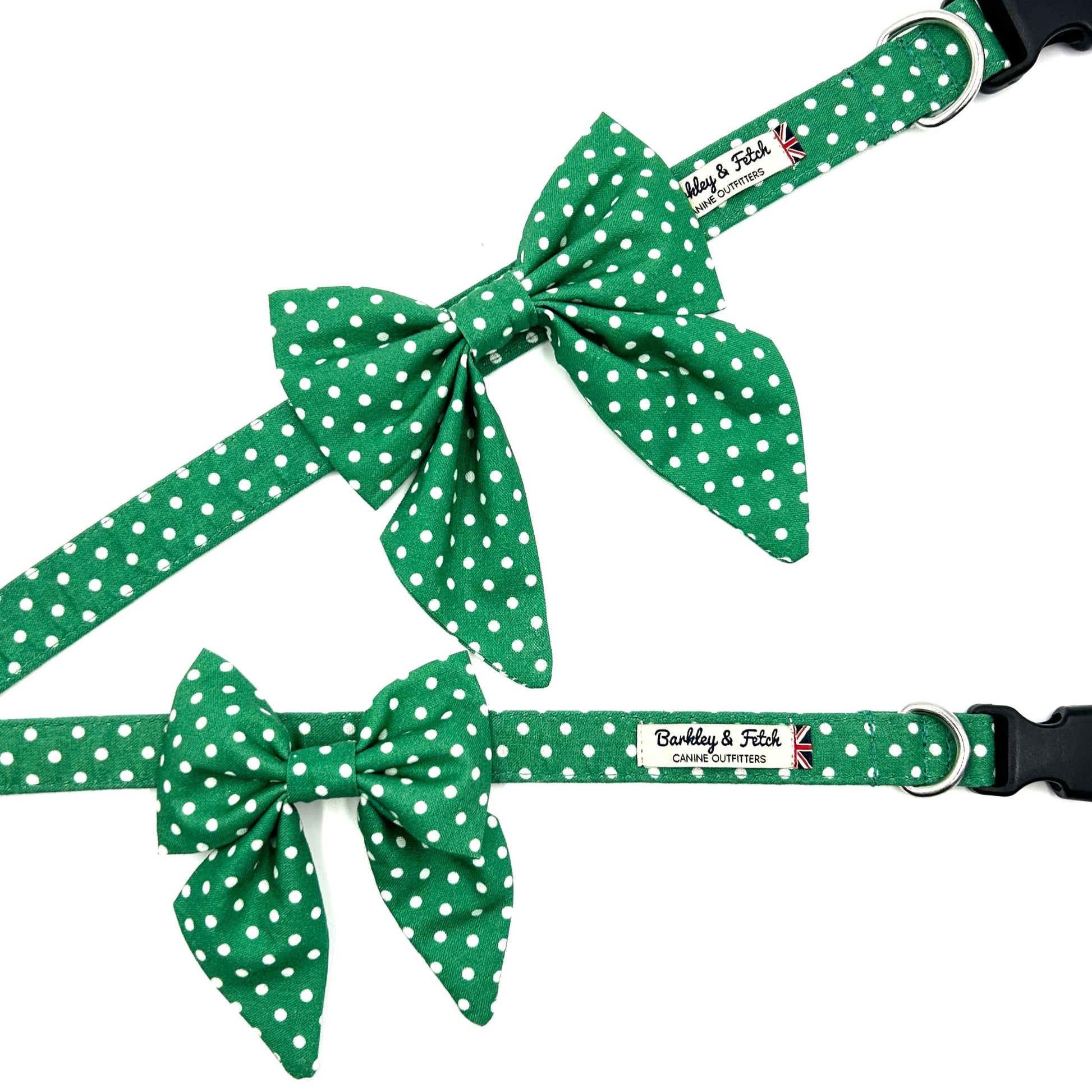 two green sailor bows on two dog collars on white background handmade by barkley and fetch uk