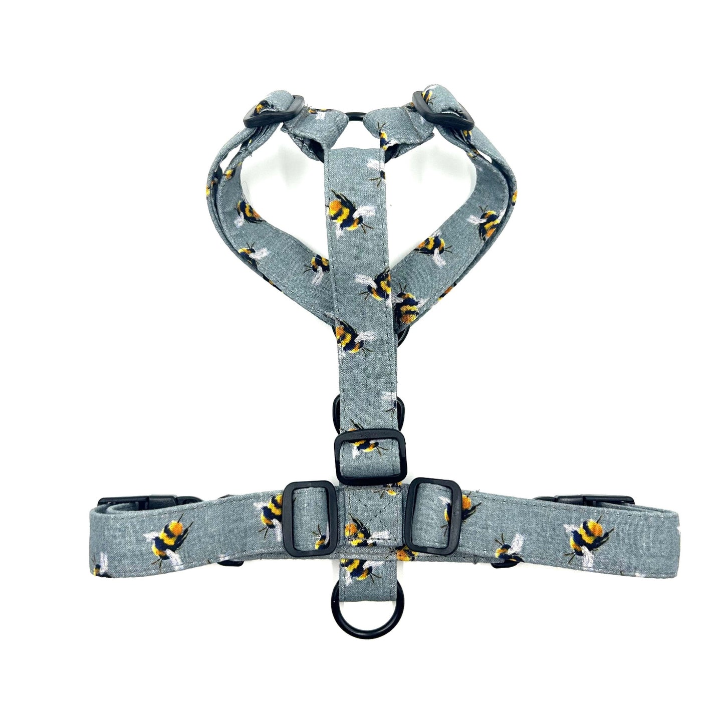 Gray dog harness with bee pattern on a white background handmade by barkley and fetch uk