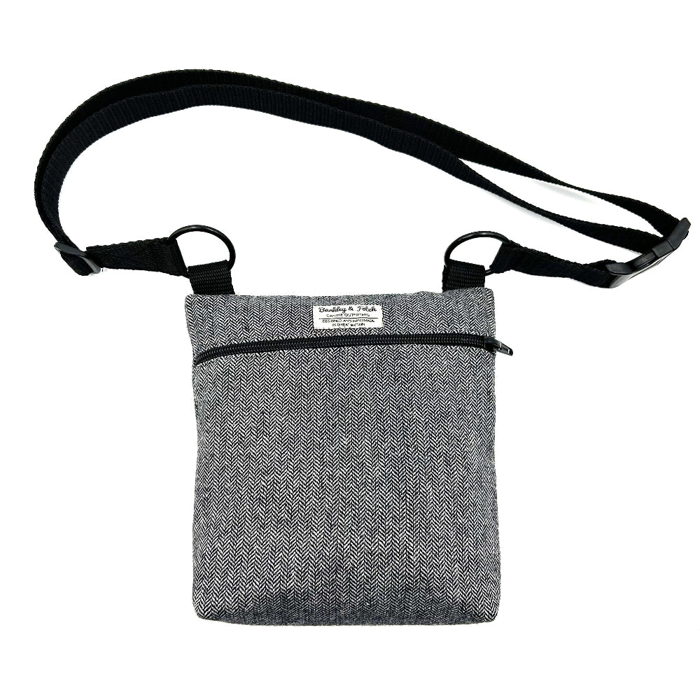 Grey crossbody bag with a black strap on a white background Handmade in the UK by Barkley and Fetch