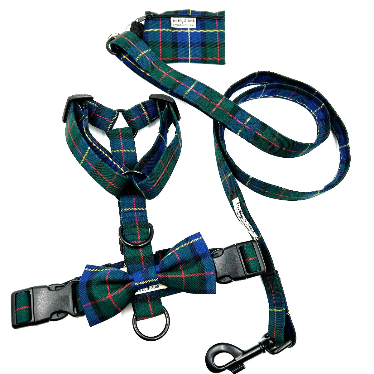 Dog harness, leash, and bow tie set with plaid pattern on a white background handmade in the UK by Barkley and Fetch