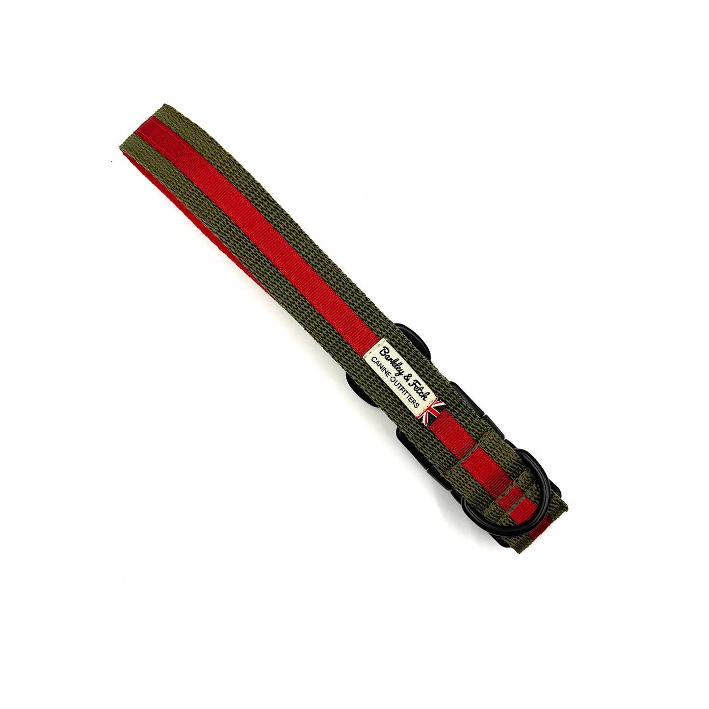 Red and green dog collar with a visible brand label on a white background