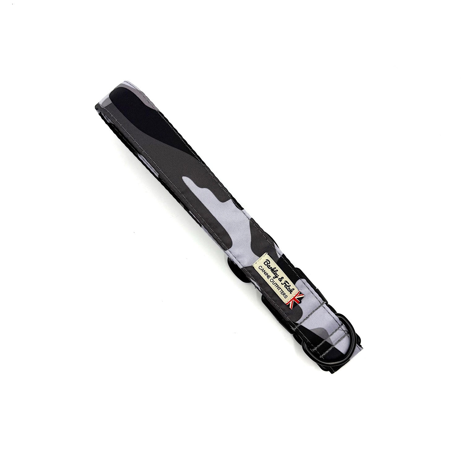 Black and gray camo dog collar with a brand label on a white background