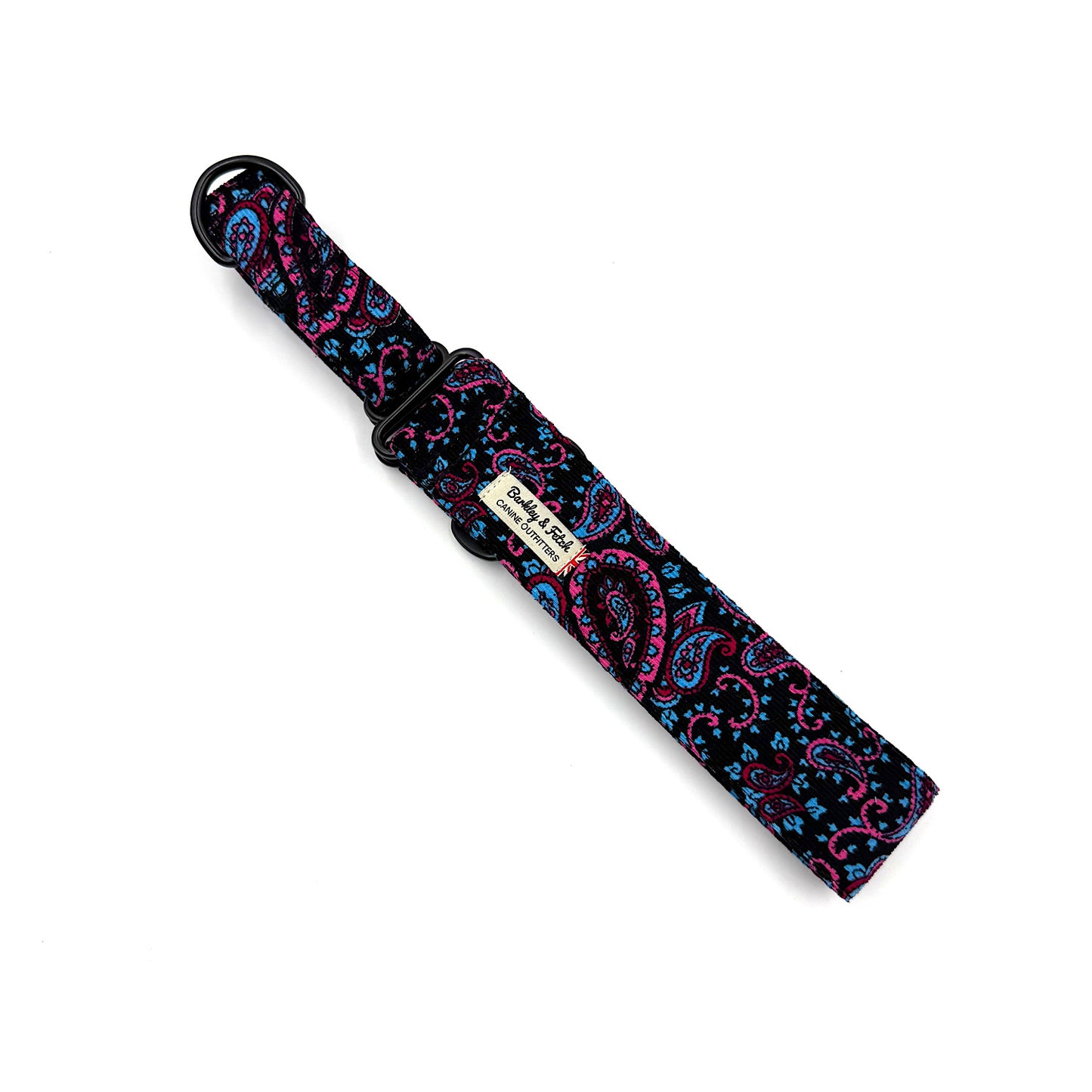 Patterned strap with a brand label on a white background