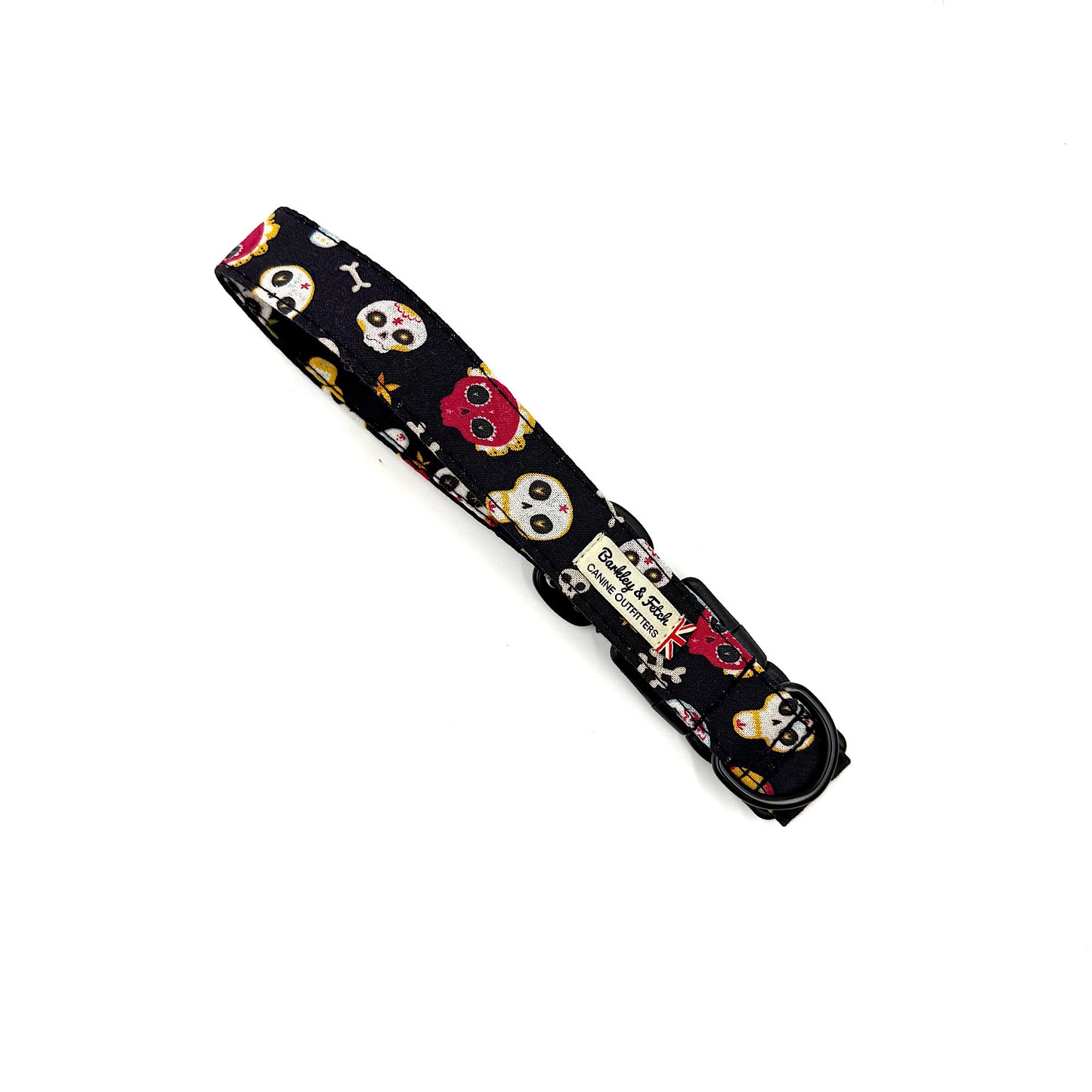 Dog collar with skull and crossbones pattern on a white background