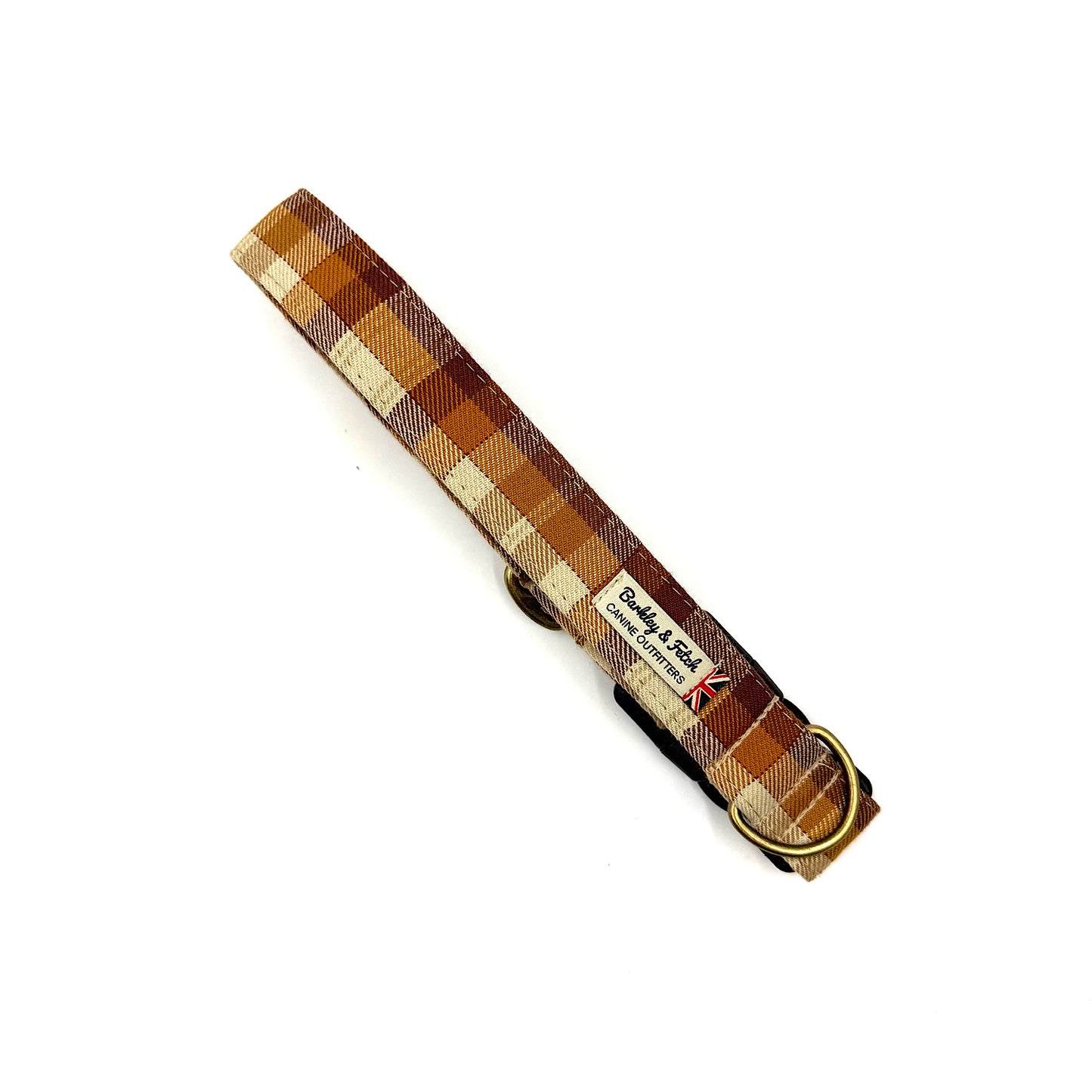 Plaid dog collar with a brand label on a white background