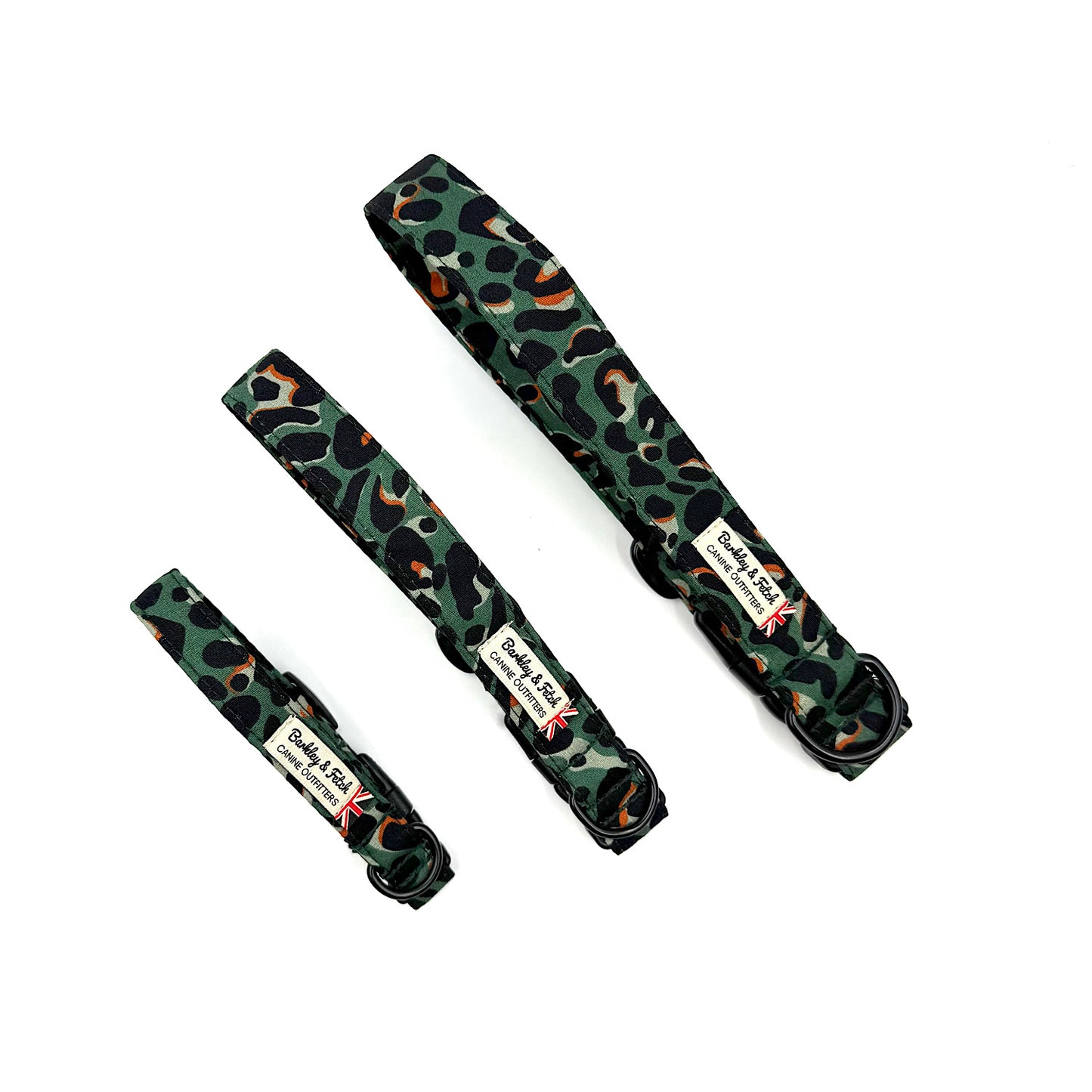 Three green patterned dog collars with visible barkley and fetch brand labels on a white background