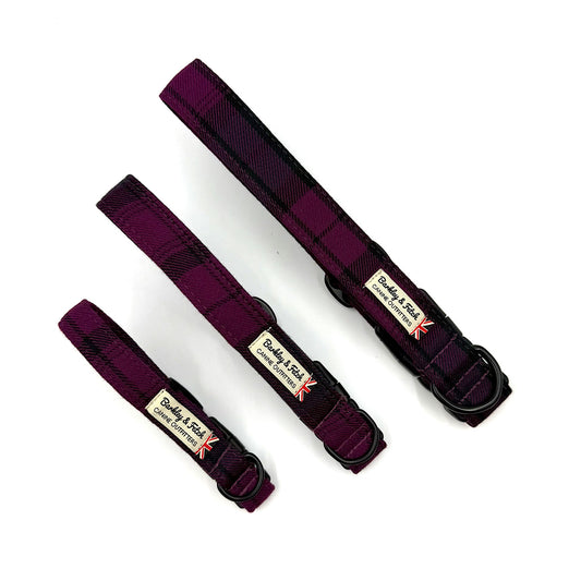 Three purple dog collars with a brand label on a white background handmade by barkley and fetch uk