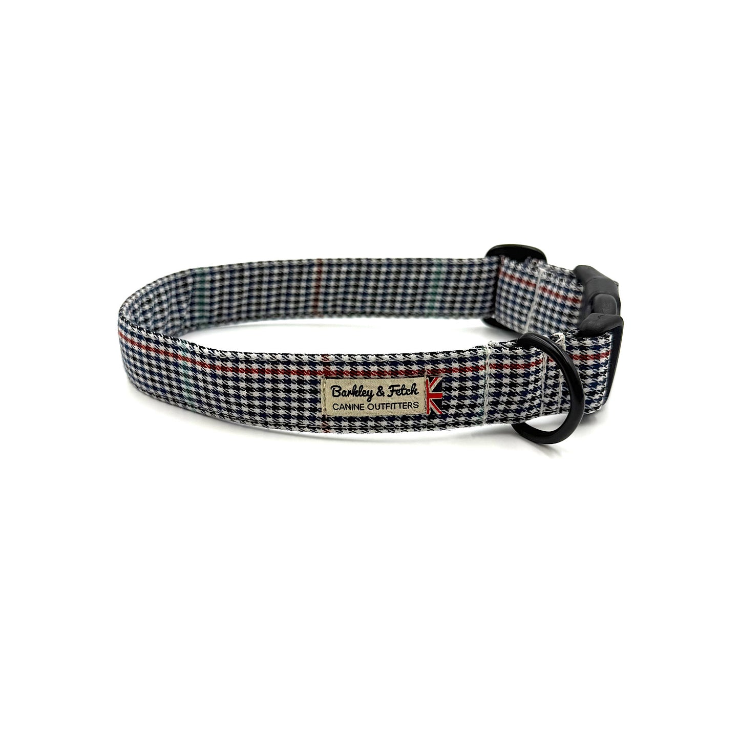 Houndstooth patterned dog collar with brand label on a white background