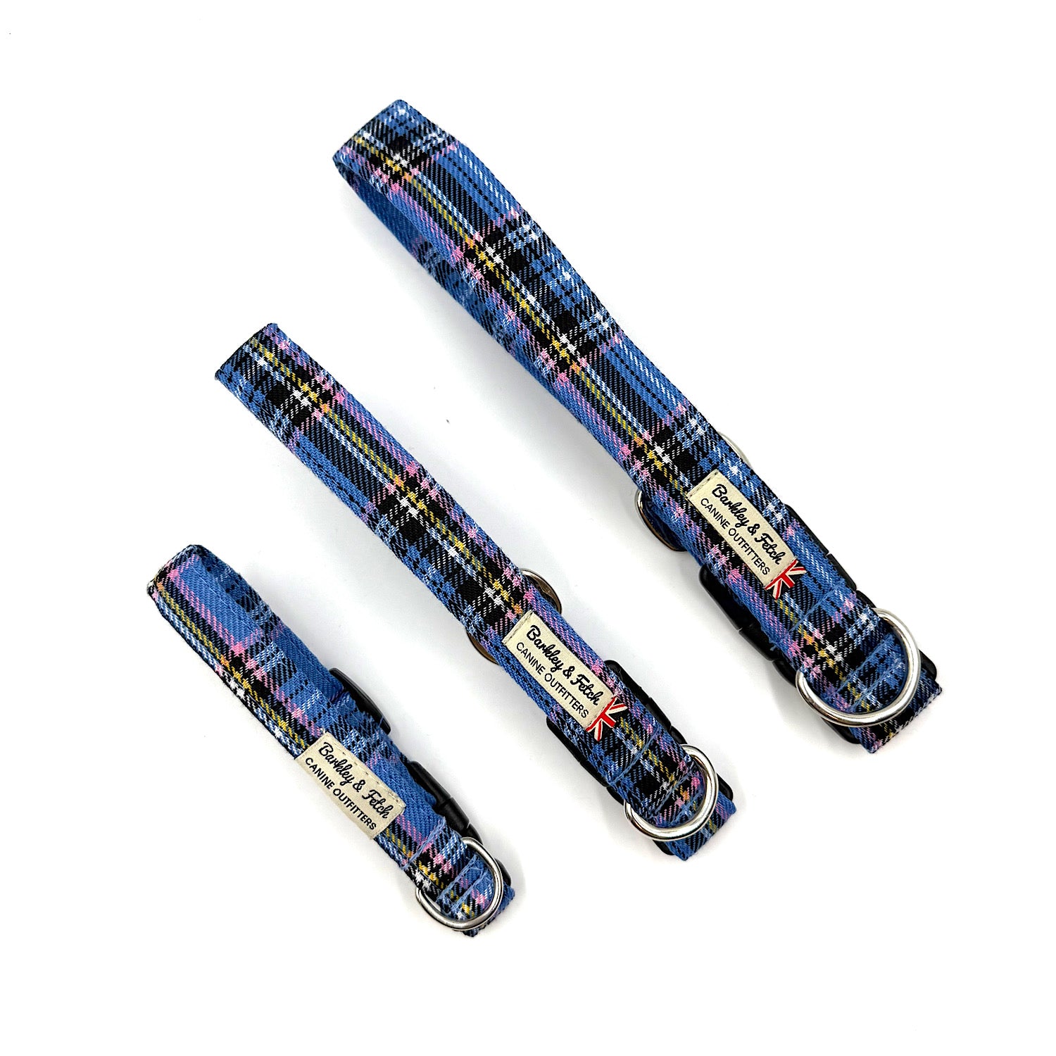 Three blue plaid dog collars with visible brand name on a white background handmade by barkley and fetch uk