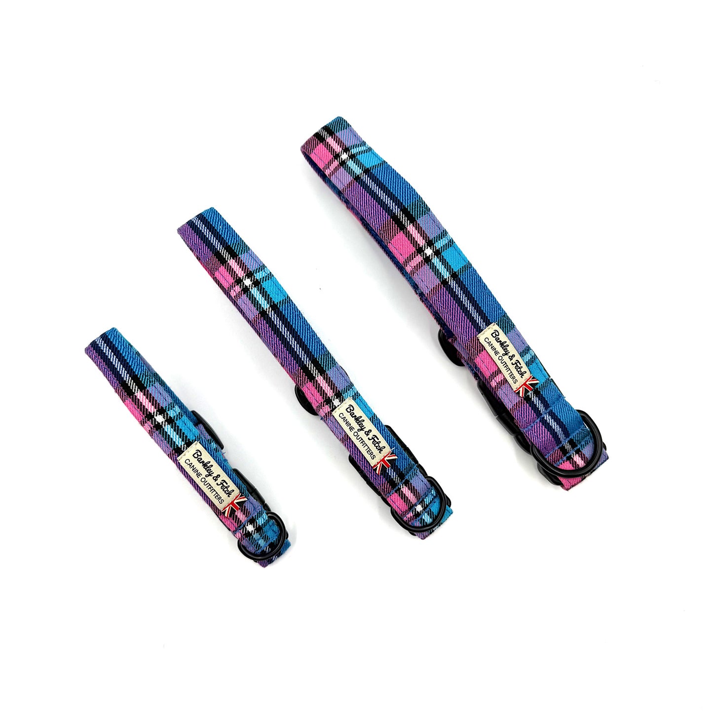 Set of plaid dog collars with visible brand label on a white background