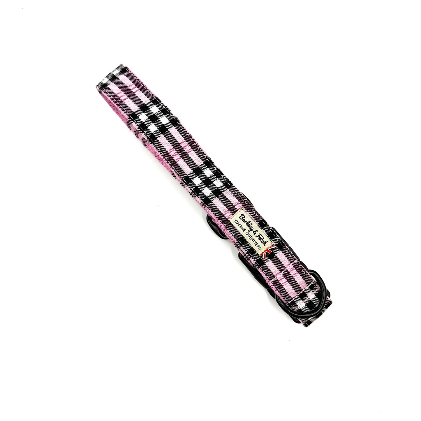 Plaid dog collar with visible brand name on a white background