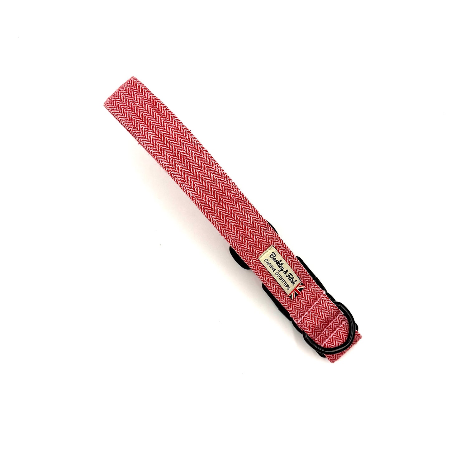 Red and white dog collar with a visible barkley and fetch brand label on a white background