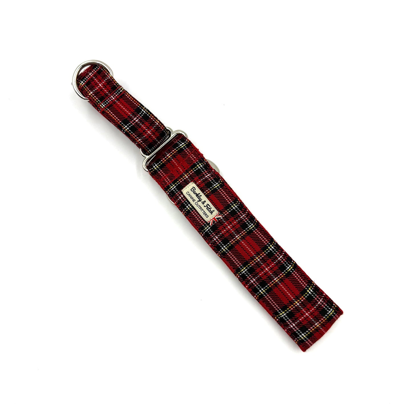 Red and black plaid dog collar with a visible brand label on a white background