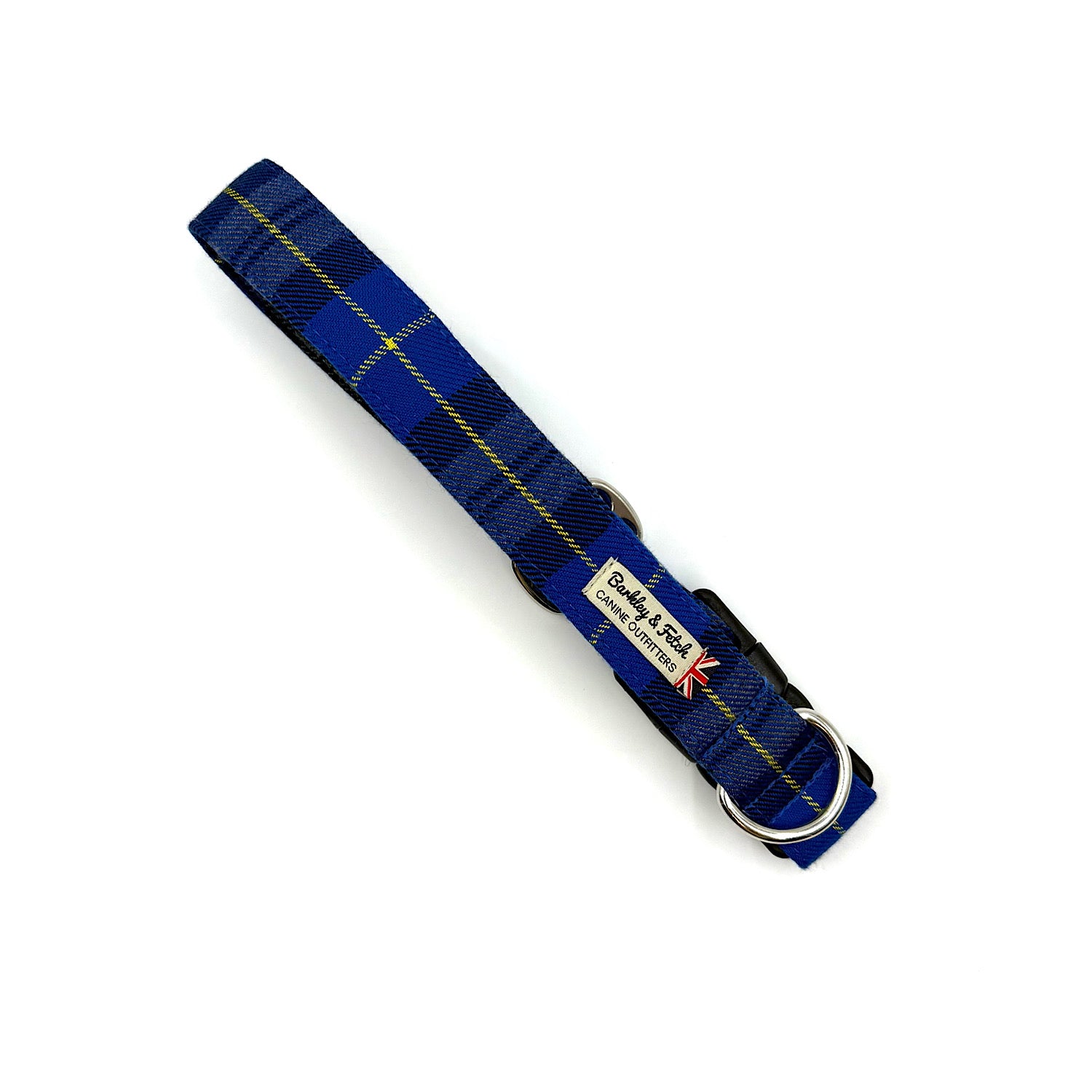 Blue plaid dog collar with a brand logo on a white background handmade by barkley and fetch uk