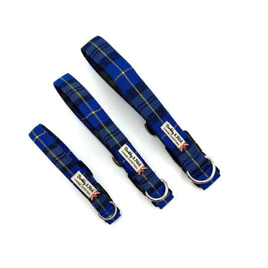 three blue plaid dog collars with visible branding on a white background handmade by barkley and fetch uk