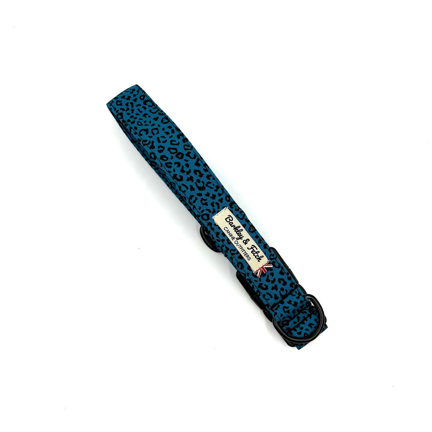 Blue patterned dog collar with a brand label on a white background