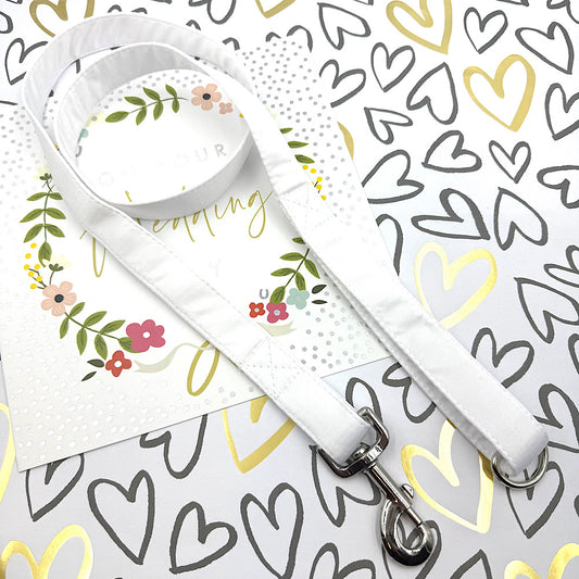 White dog leash with floral design on a heart-patterned background handmade by barkley and fetch uk