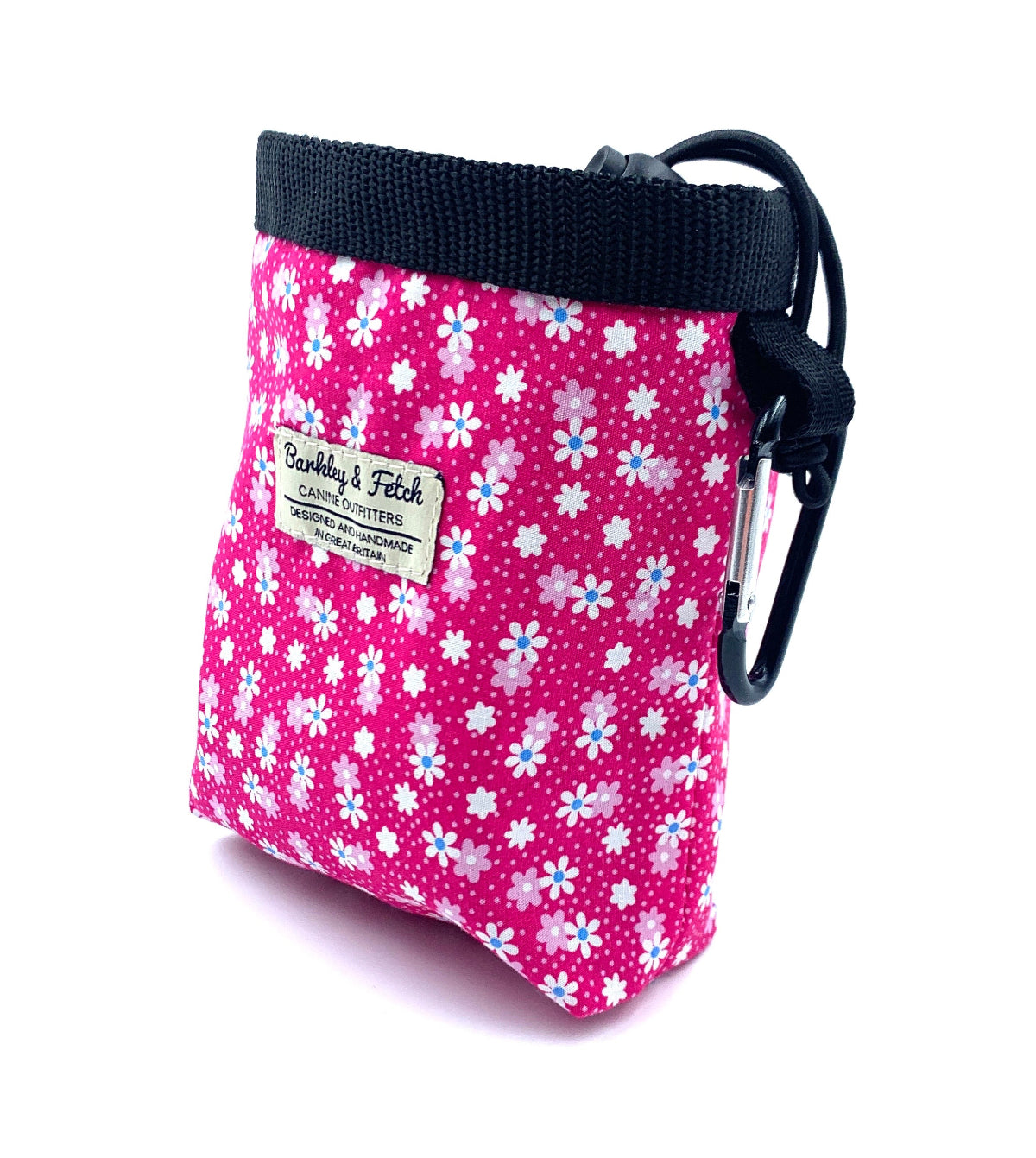 Pink floral-patterned pouch with a carabiner on a white background