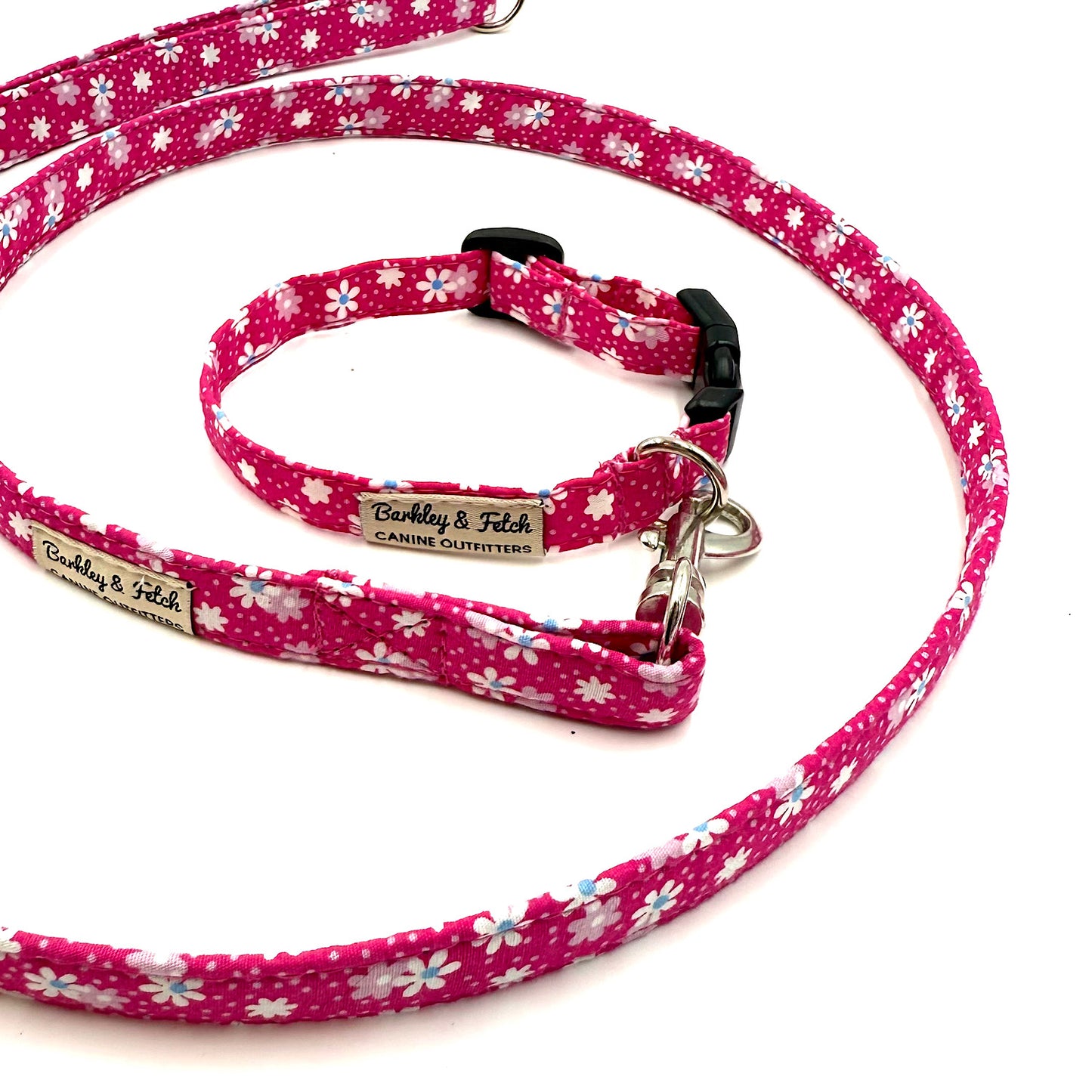 Pink floral dog collar and leash set with 'Barkley & Fetch' branding on a white background
