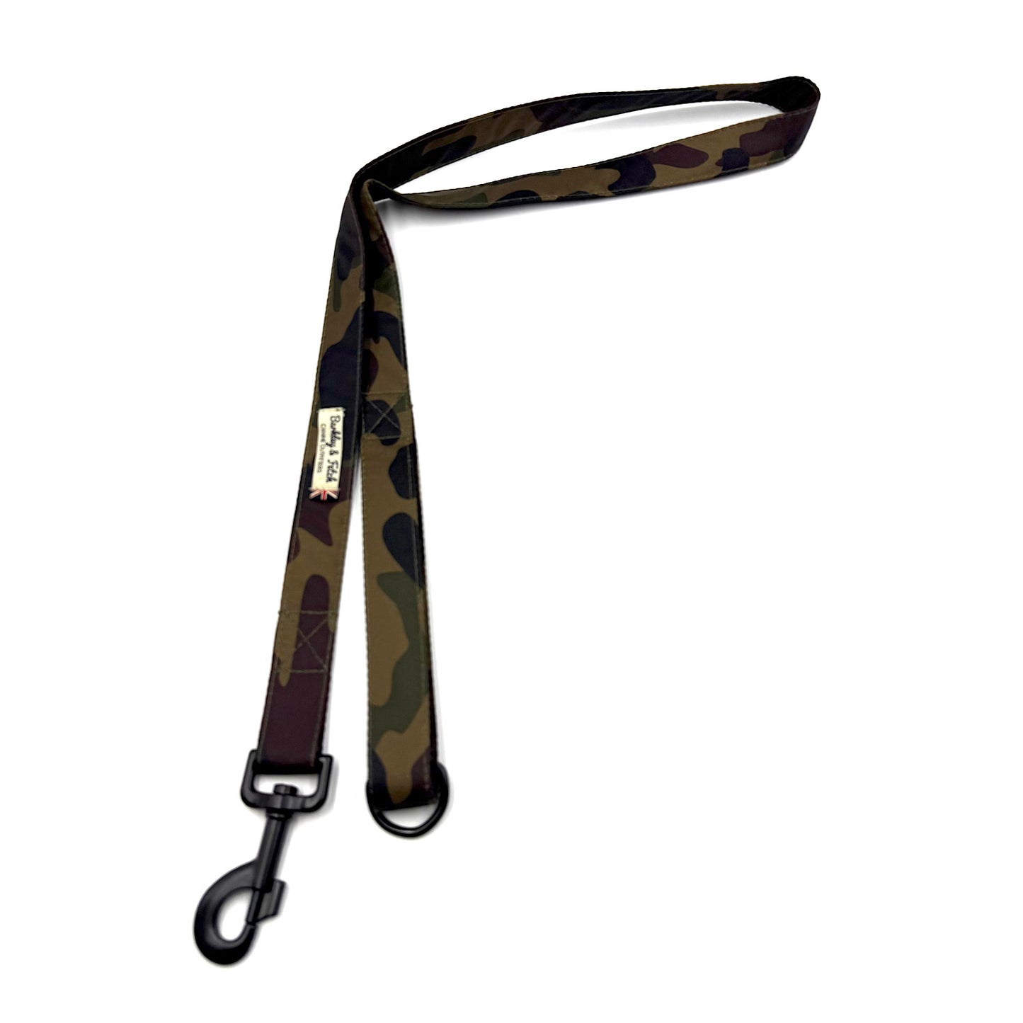 Camouflage-patterned dog leash with a black clip on a white background