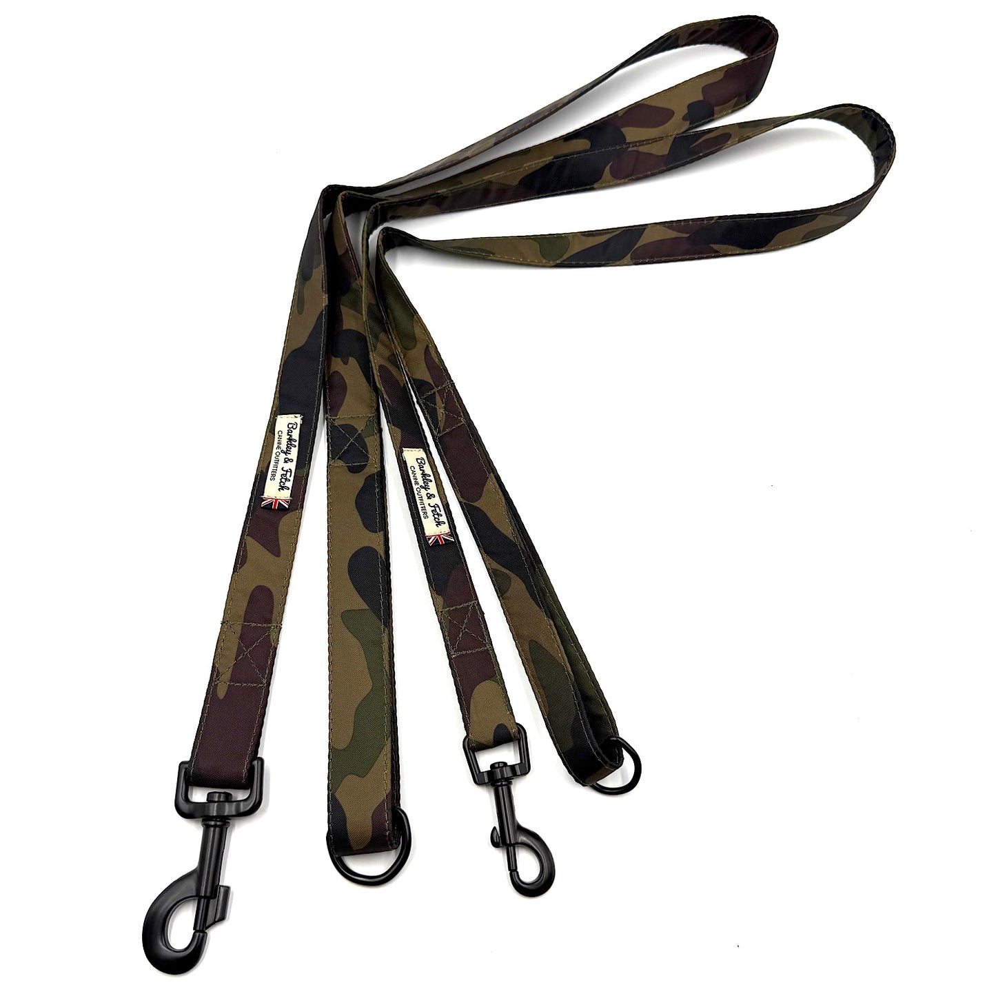 Camouflage-patterned dog leash with black clips on a white background
