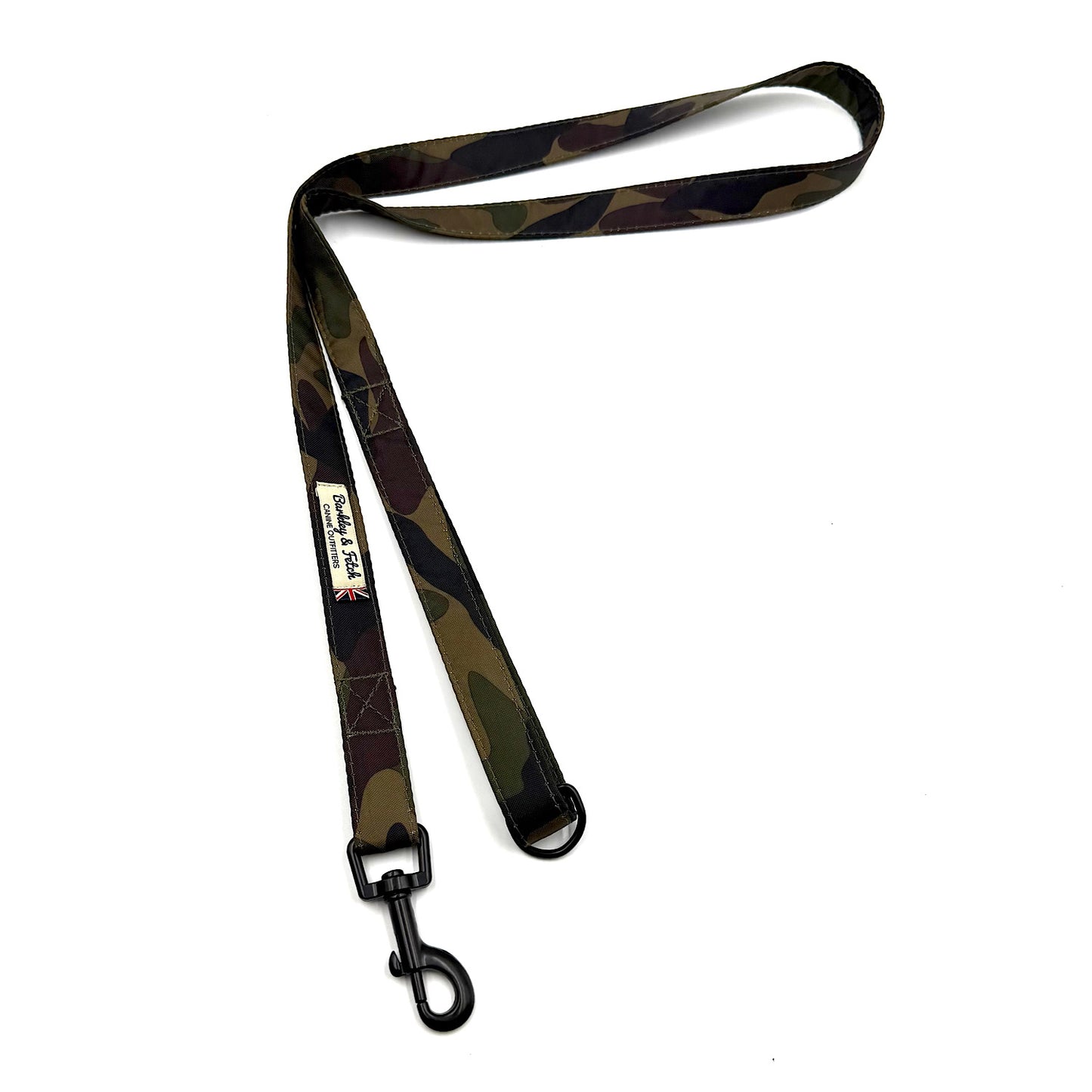 Camouflage dog leash with a black clip on a white background