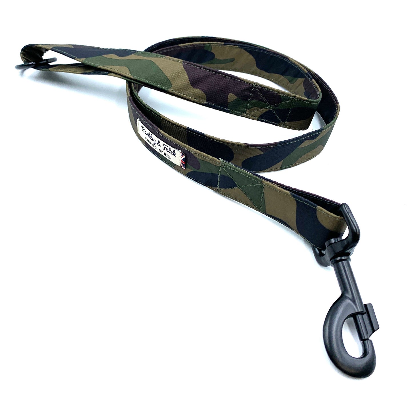 A khaki camo print dog lead with a heavy duty metal trigger hook and a D-ring on the handle.