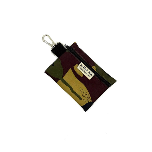 Camouflage-patterned pouch with a key ring on a white background