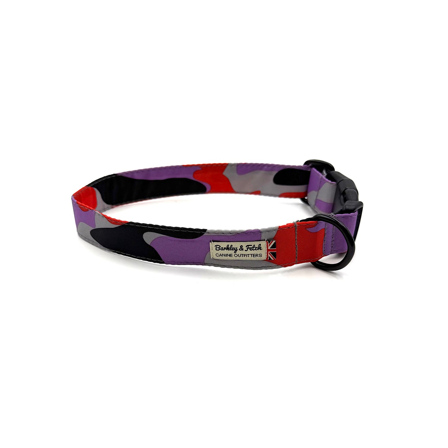 Colorful dog collar with a brand label on a white background