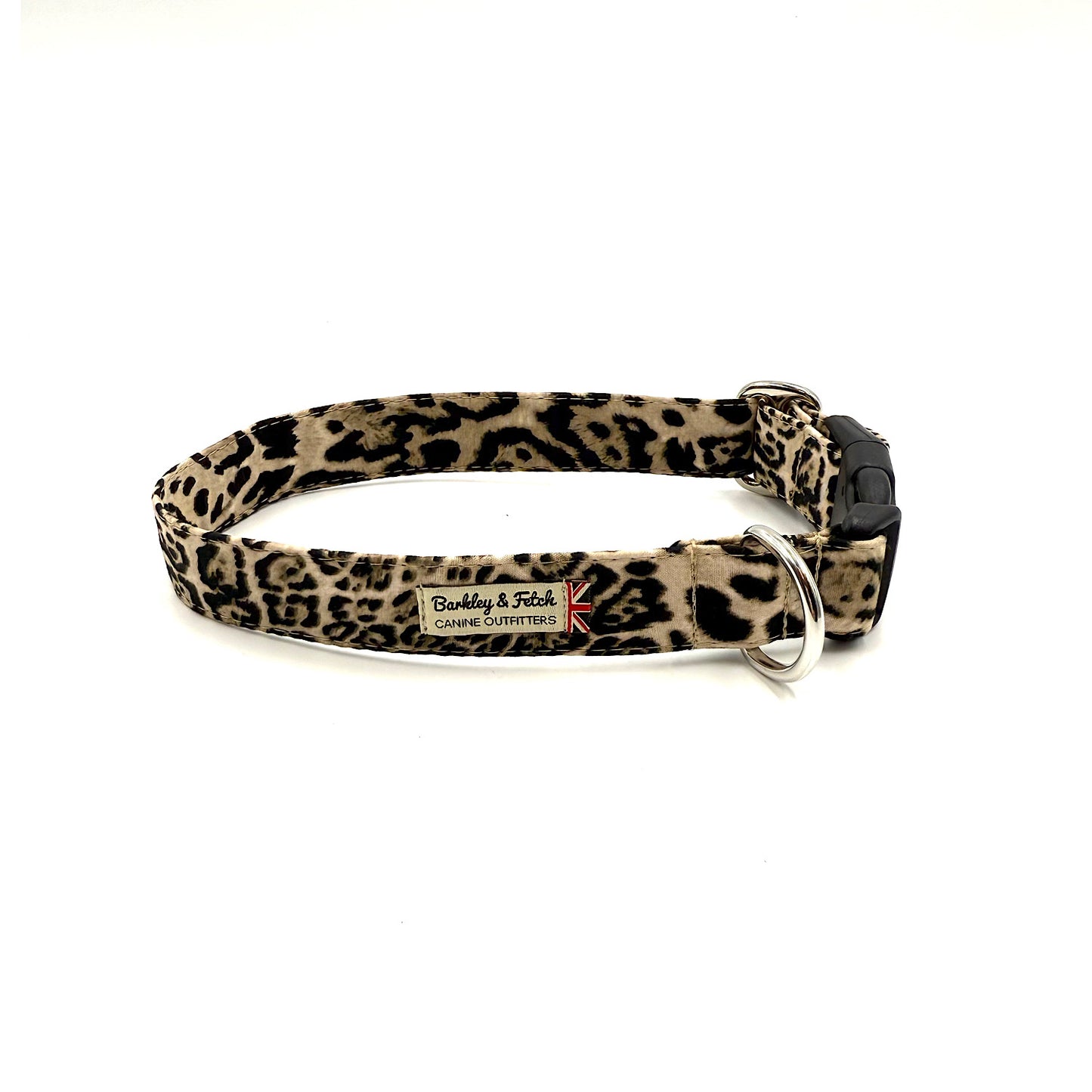 Leopard print dog collar with a brand label on a white background