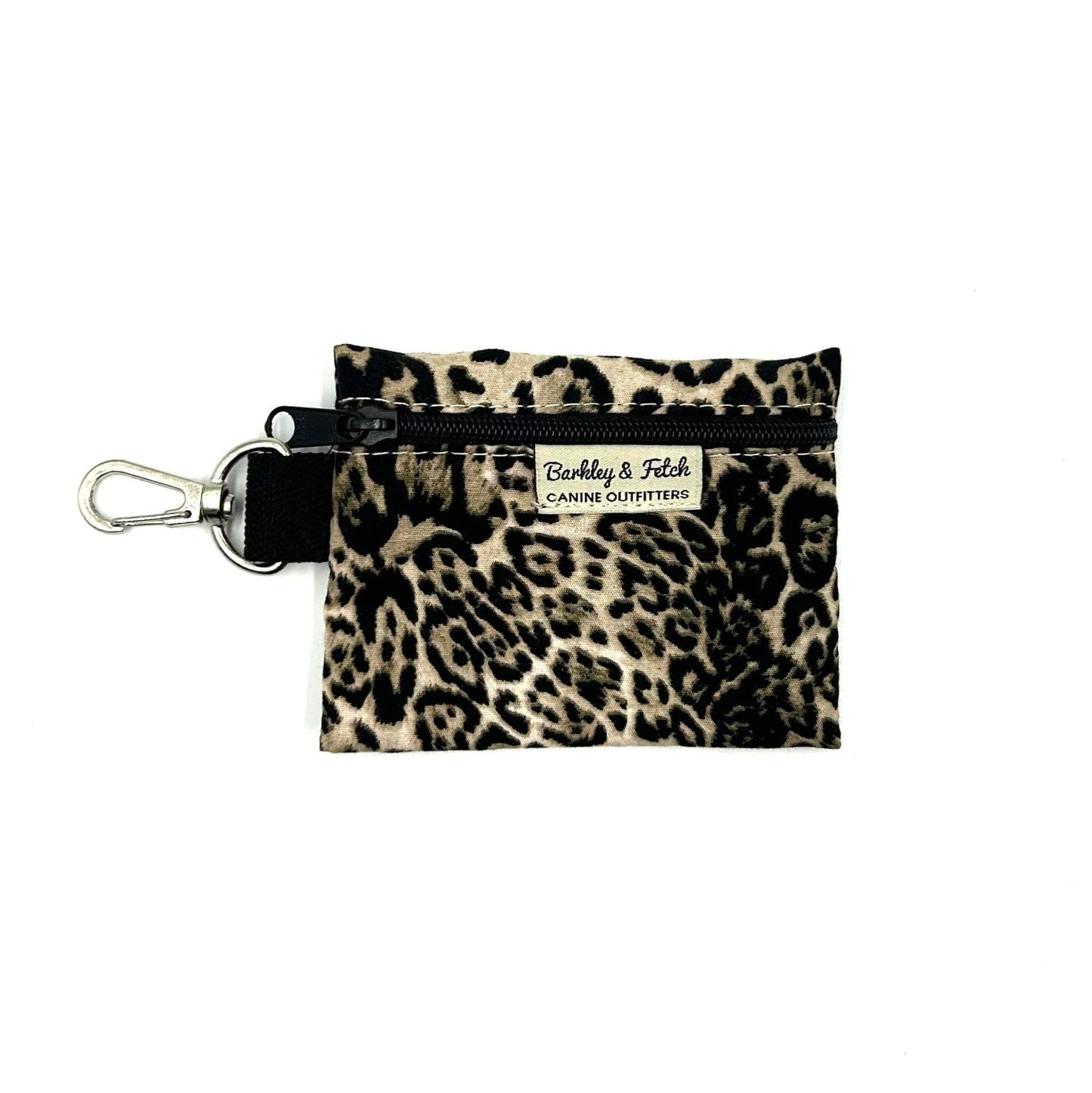 A leopard print poo bag holder with a keyring attachment and a zipper.