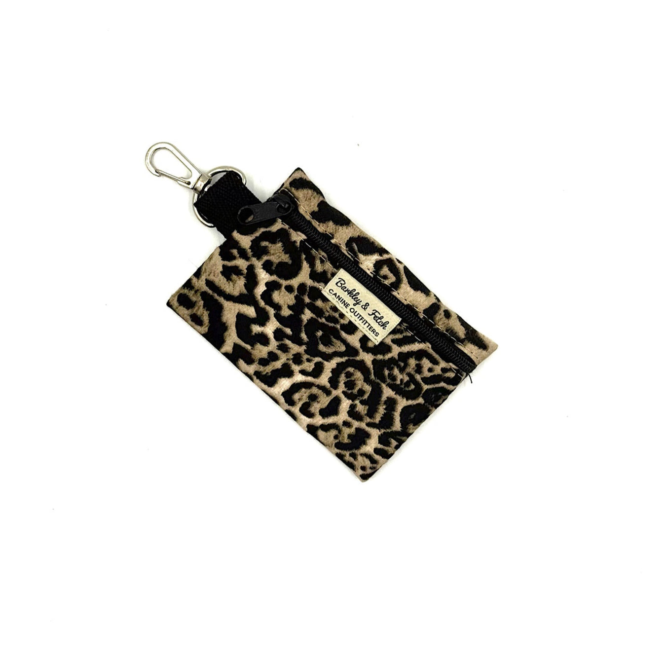 Leopard print pouch with keychain on a white background
