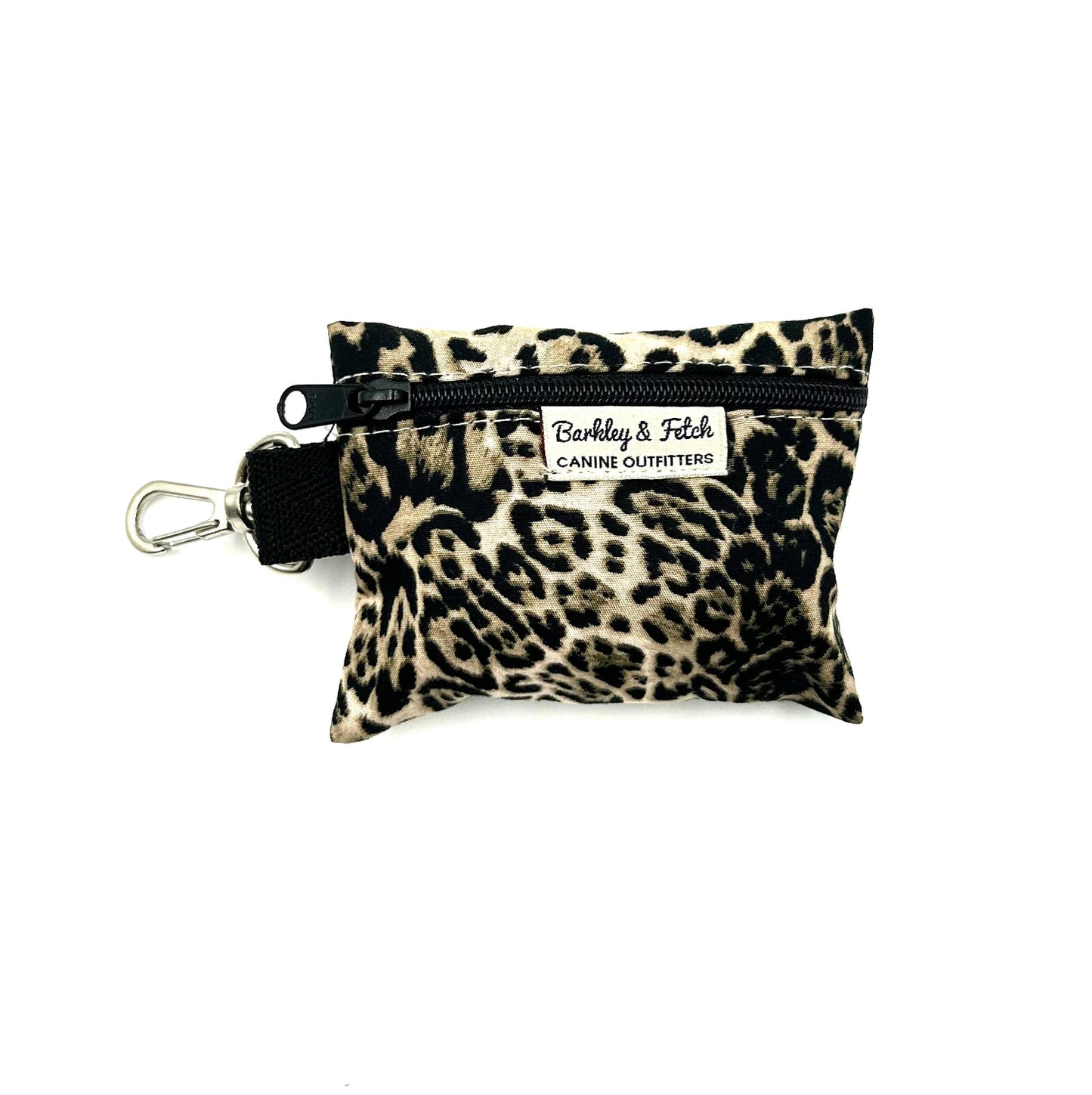Leopard print pouch with a zipper and keychain clip on a white background