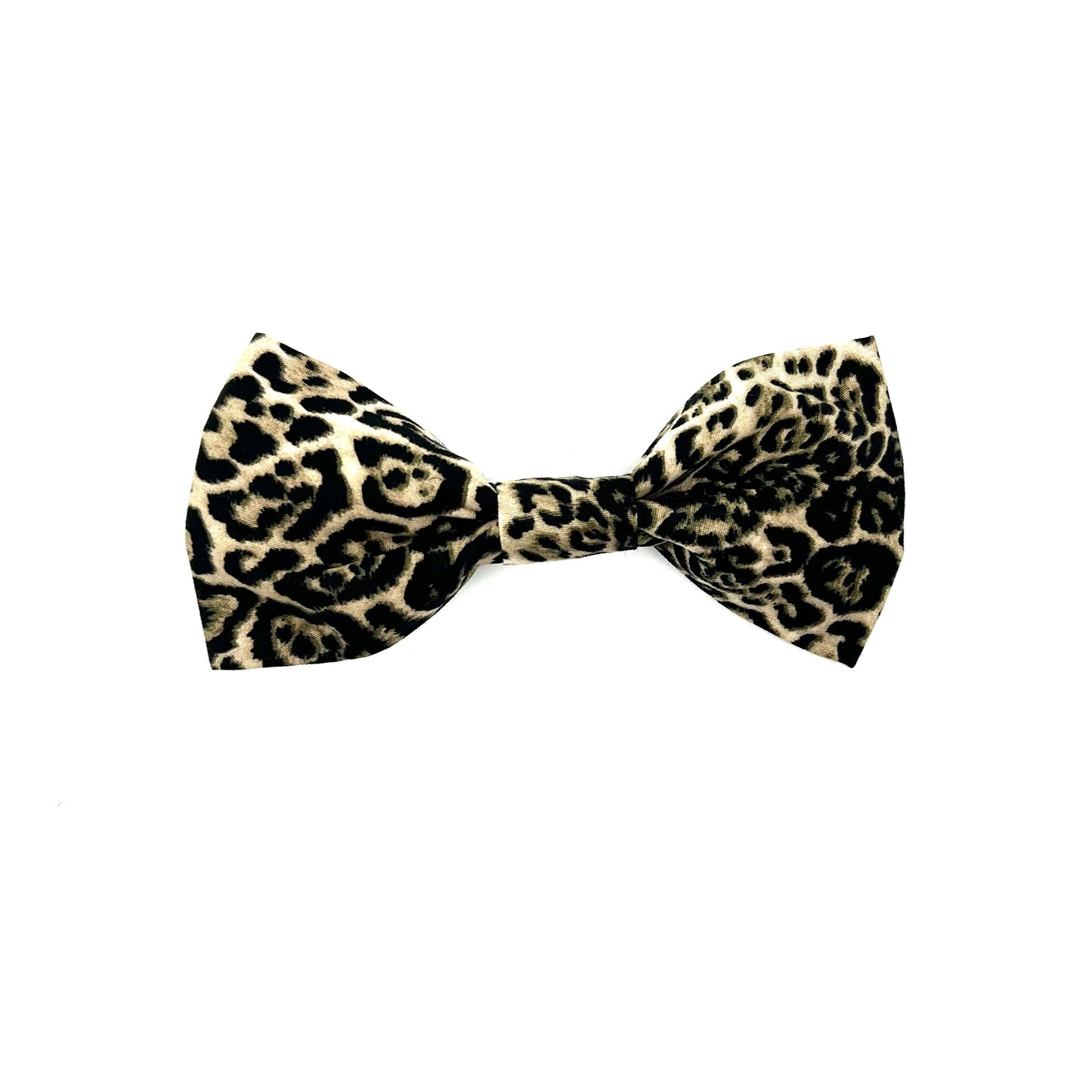 A leopard print dog bow tie with two elastic loops for securing to a collar.