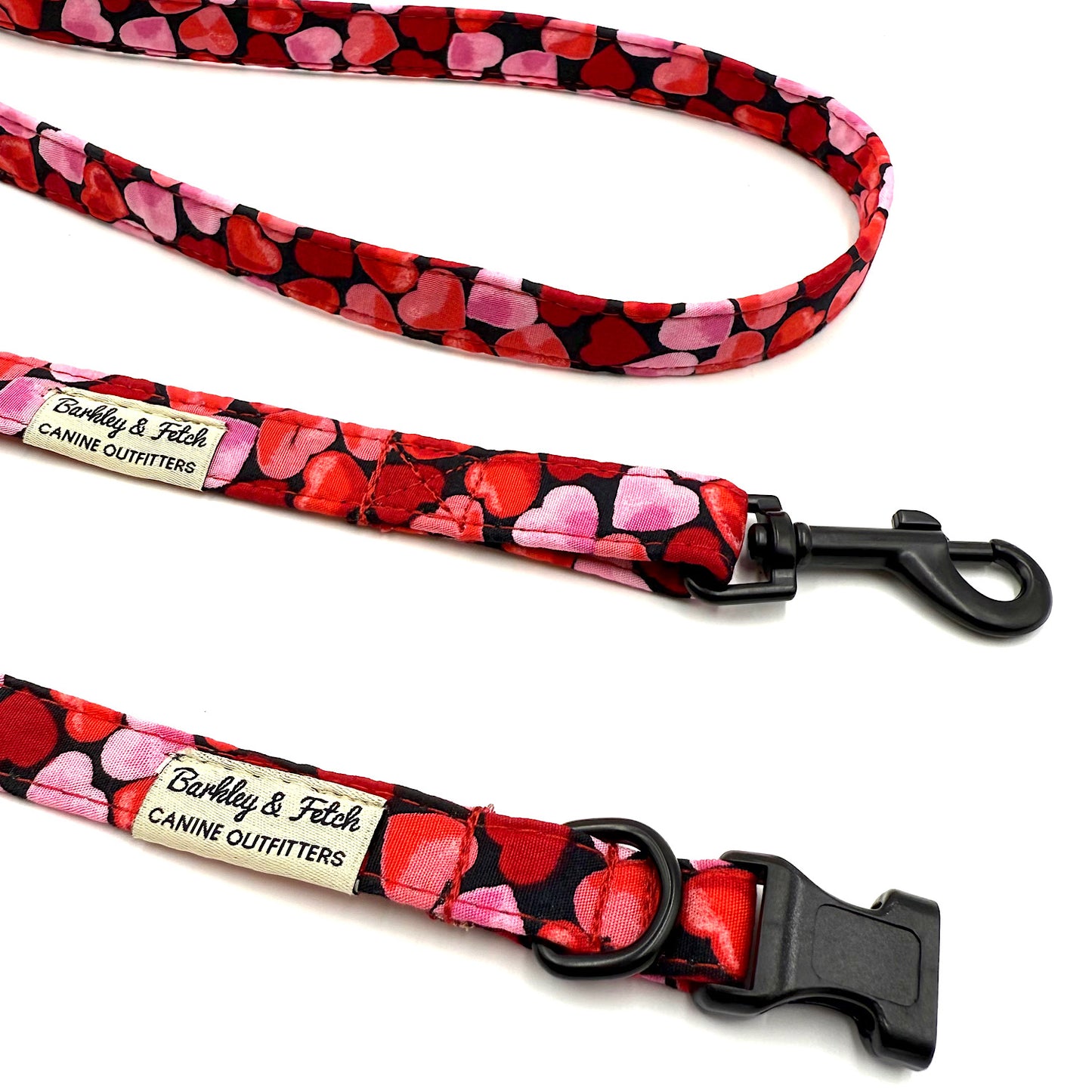Heart-patterned dog collar and leash with 'Barkley & Fetch' branding on a white background