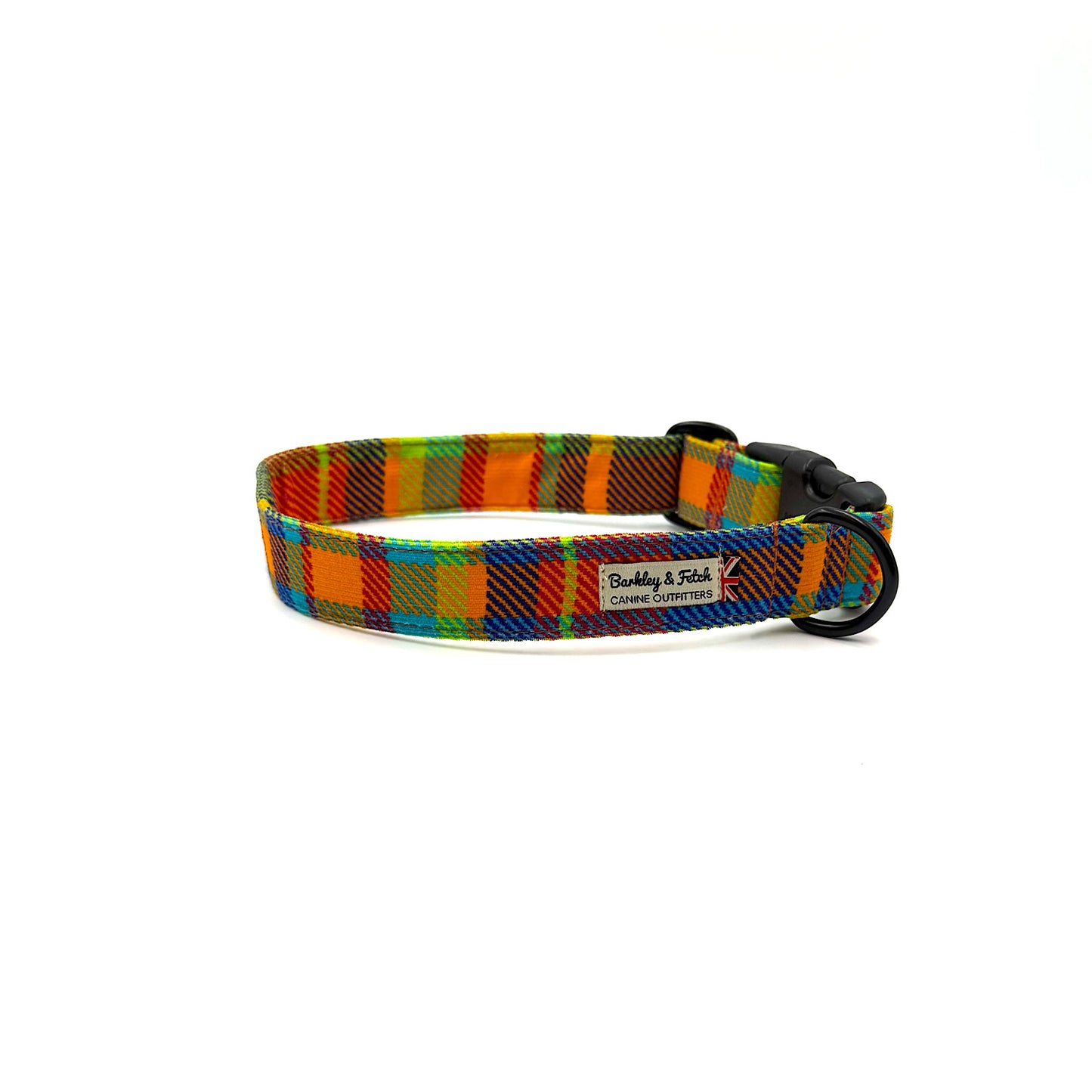 Colorful plaid dog collar with a brand label on a white background