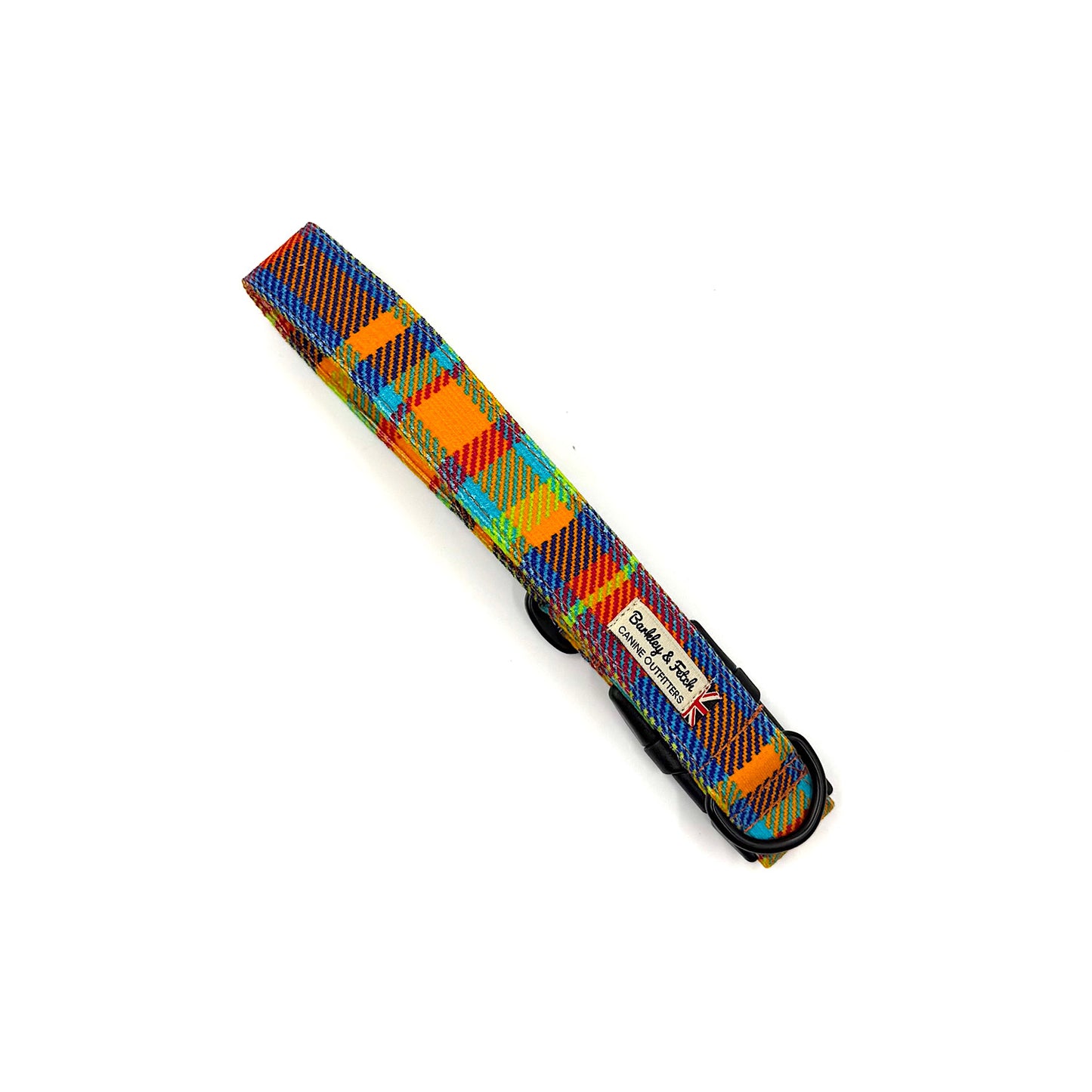 Colorful plaid dog collar on a white background