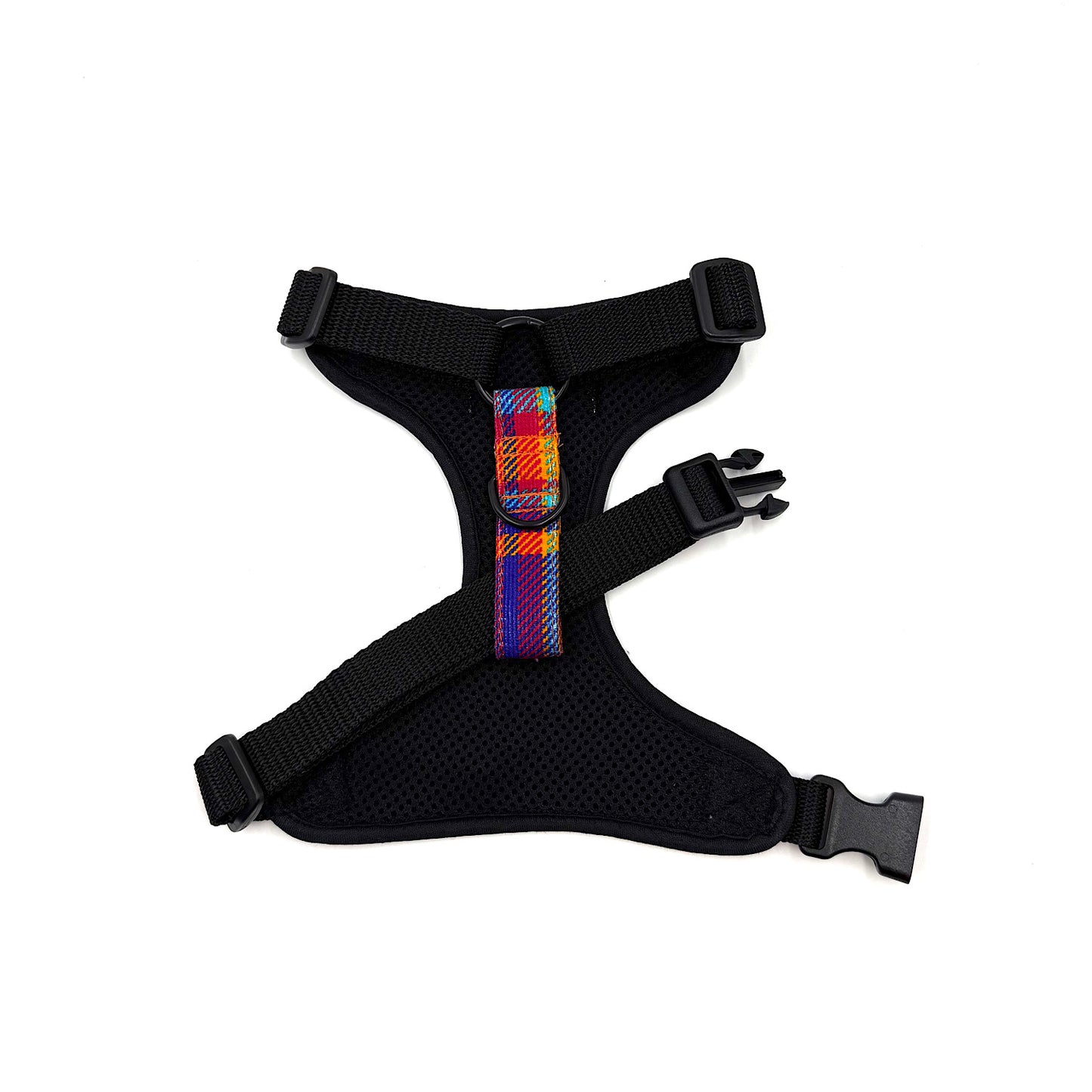 Black dog harness with a colorful plaid strap on a white background made by Barkley and fetch Uk