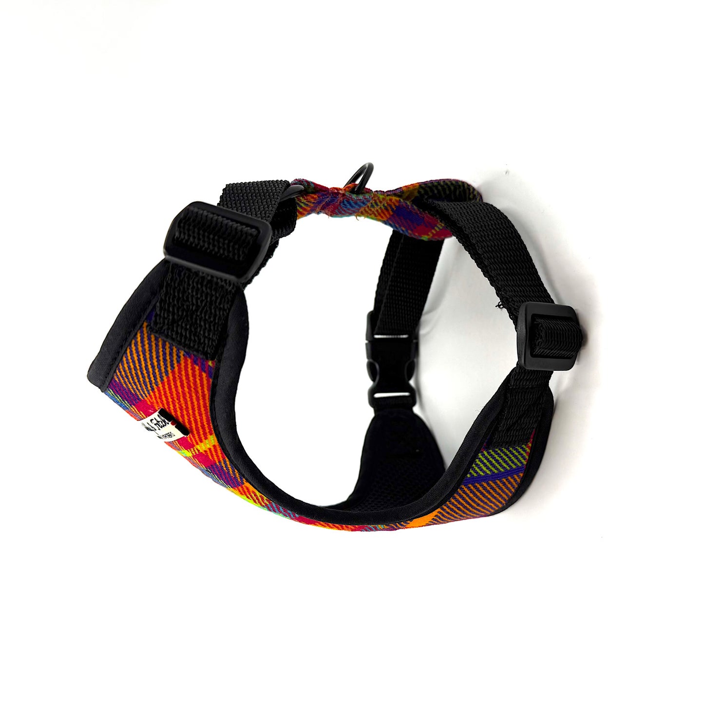Colorful dog harness with black straps on a white background made by Barkley and fetch Uk