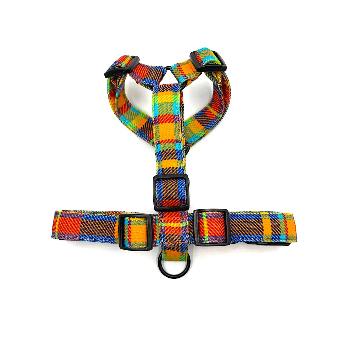 Colorful plaid dog harness on a white background HANDMADE IN UK BY BARKLEY AND FETCH