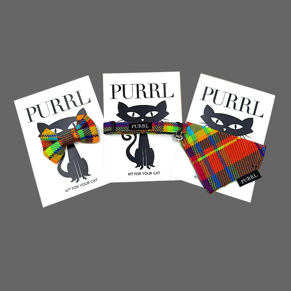Three 'PURRL' cat kit packages with colorful designs on a gray background